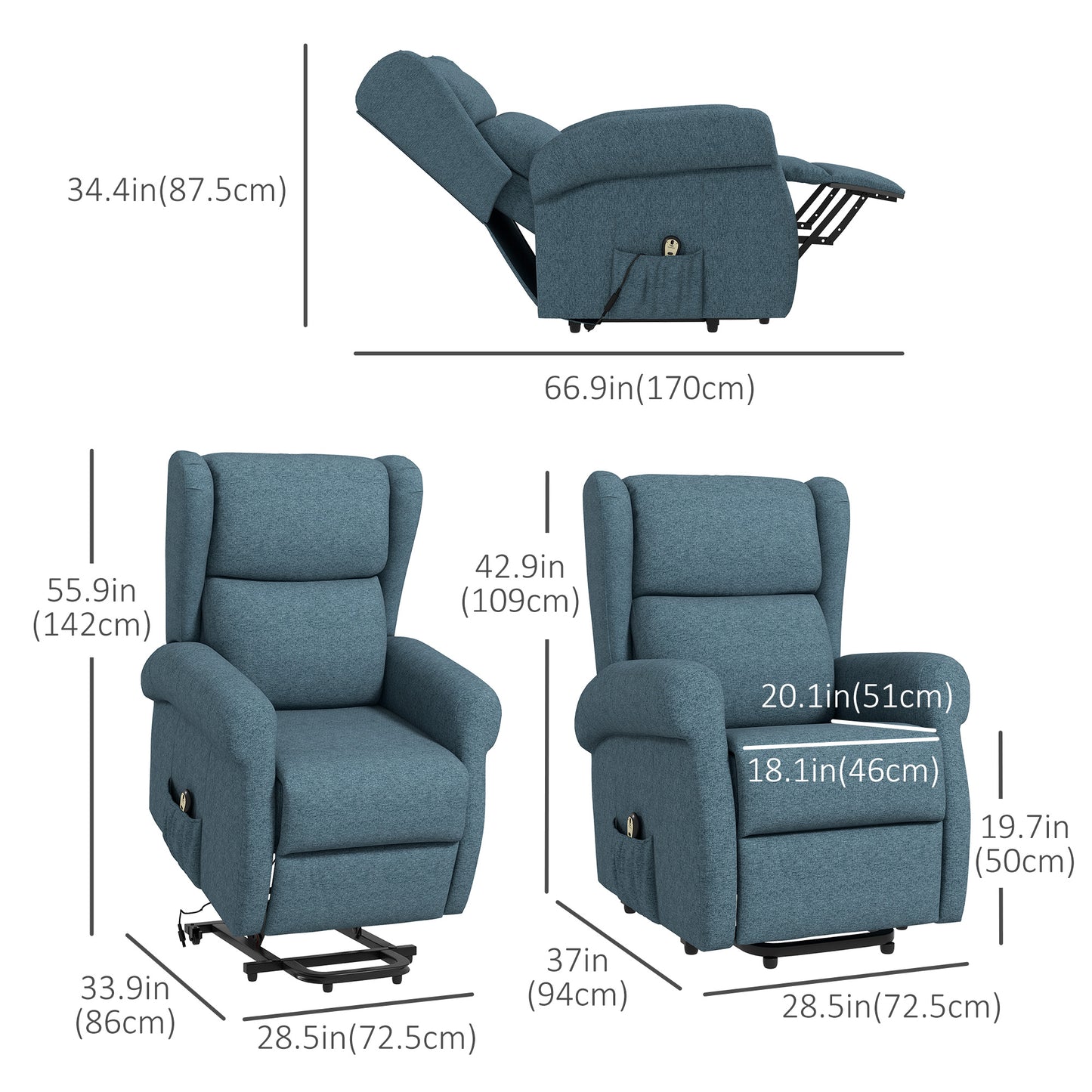 Wingback Lift Chair for Elderly, Power Chair Recliner with Footrest, Remote Control, Side Pockets, Blue Electric Power Lift Chairs   at Gallery Canada