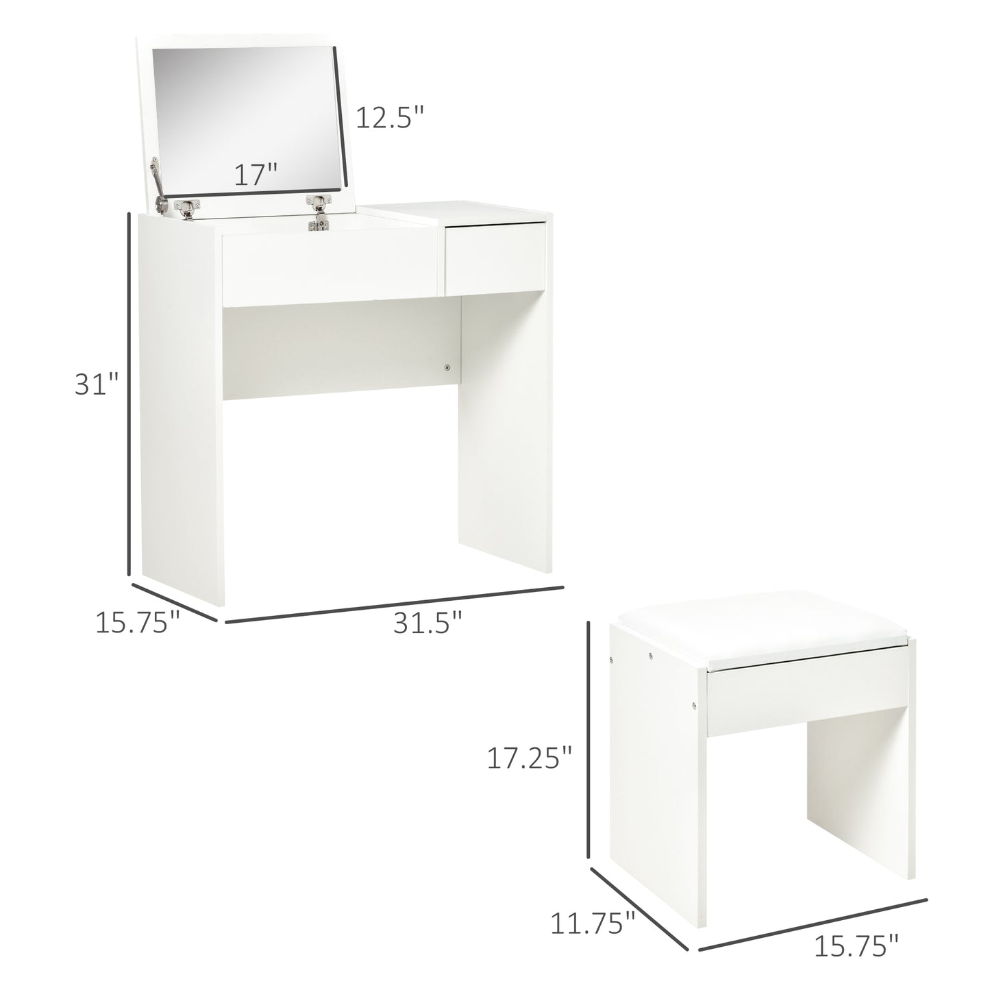 Vanity Table Set with Flip Top Mirror and Cushioned Stool, Makeup Table Dresser Desk with Drawer and Storage Grids for Bedroom, White Dressing & Vanity Tables   at Gallery Canada