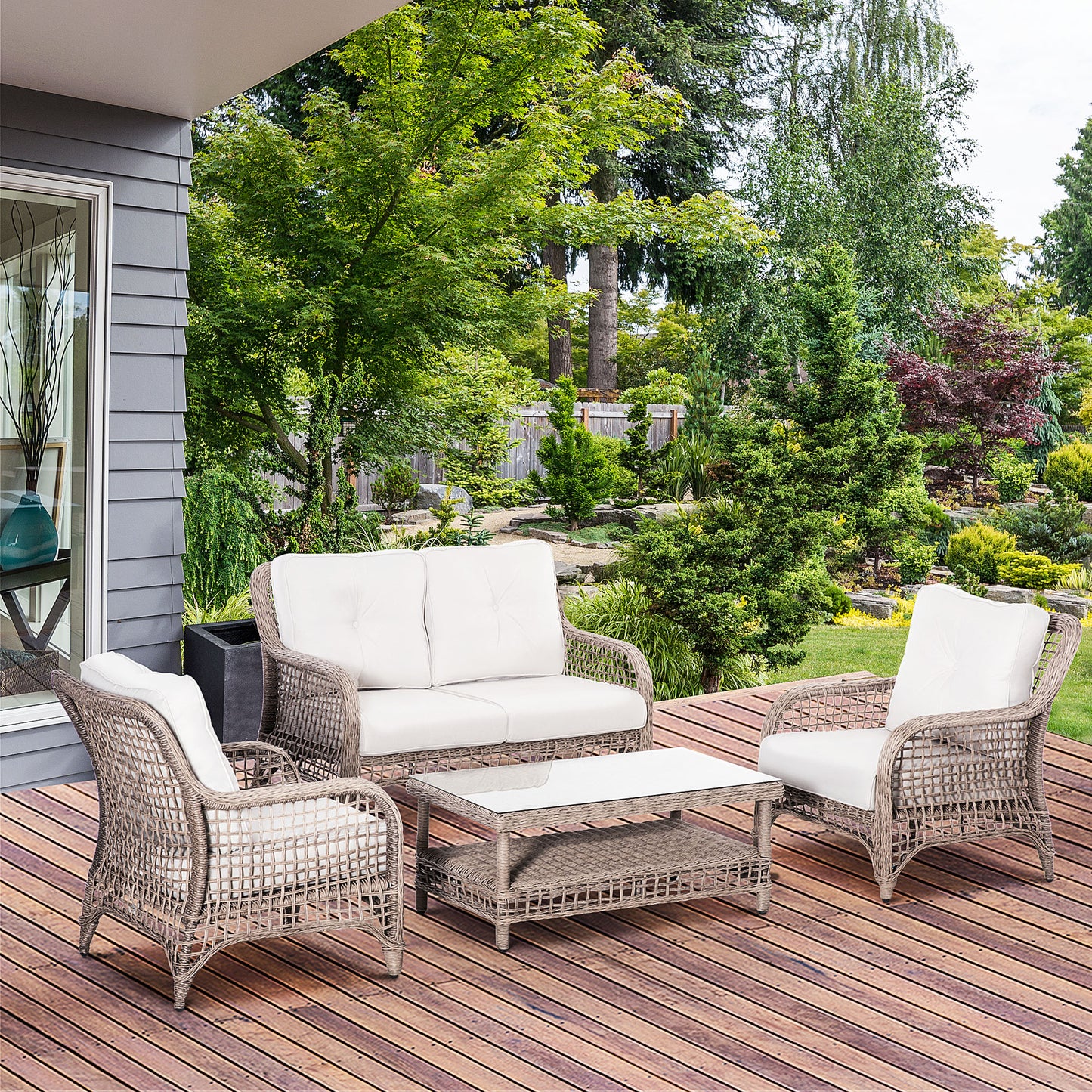 Luxury 4-Piece Wicker Patio Furniture Set with Cushions and Glass Table, Cream White Patio Furniture Sets   at Gallery Canada