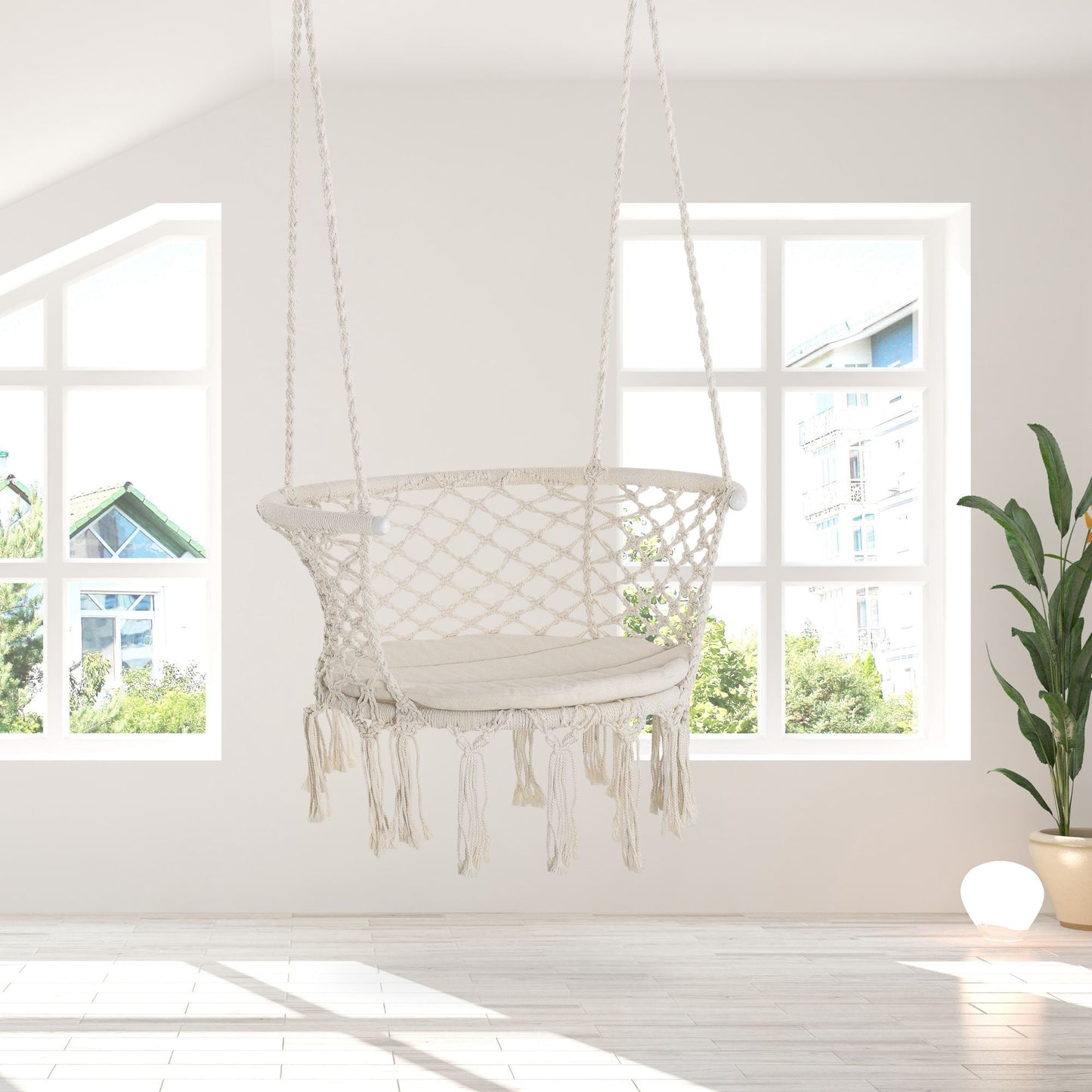 Large Cotton Rope Hammock Chair with Cushion and Metal Frame for Patio, Cream Hammock Swings   at Gallery Canada