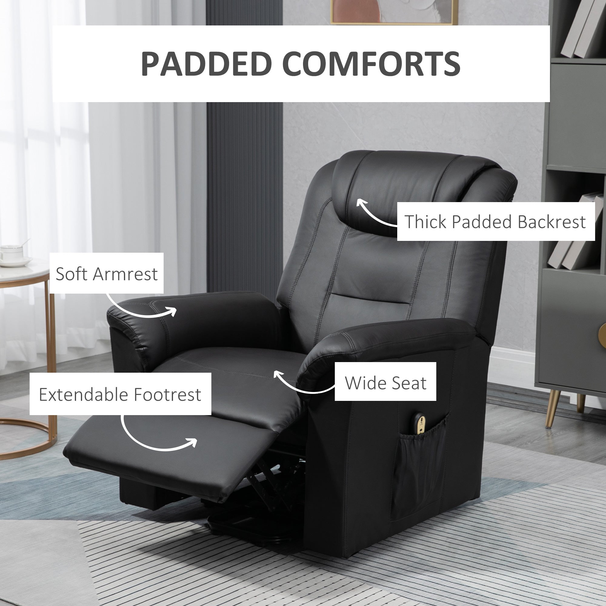 Electric Power Lift Chair for Elderly, PU Leather Recliner Sofa with Footrest and Remote Control for Living Room, Black Electric Power Lift Chairs   at Gallery Canada