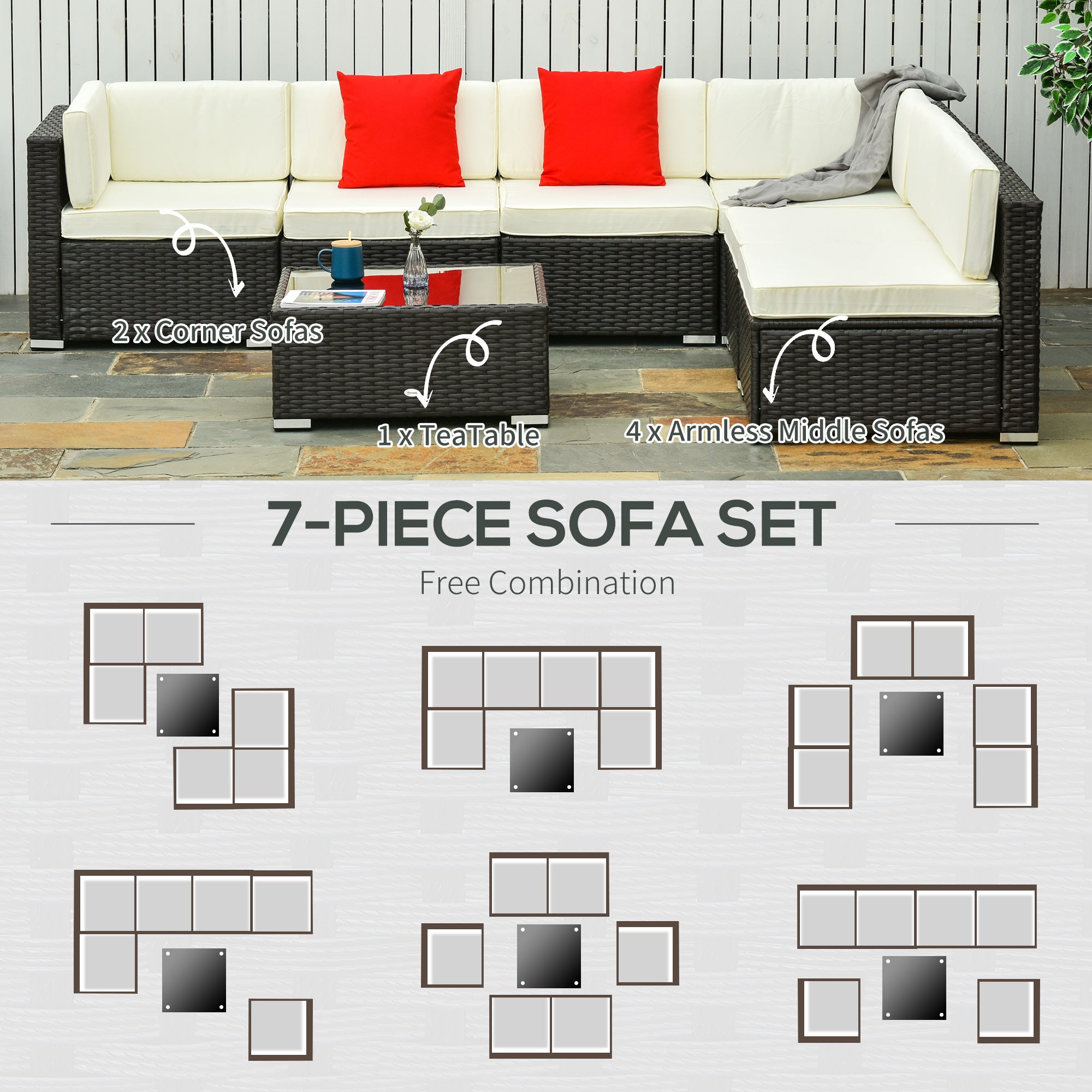 7-Piece Outdoor PE Wicker Patio Sofa Sets, Modern Rattan Conversation Furniture Set with Cushions &; Table, Cream Patio Furniture Sets   at Gallery Canada