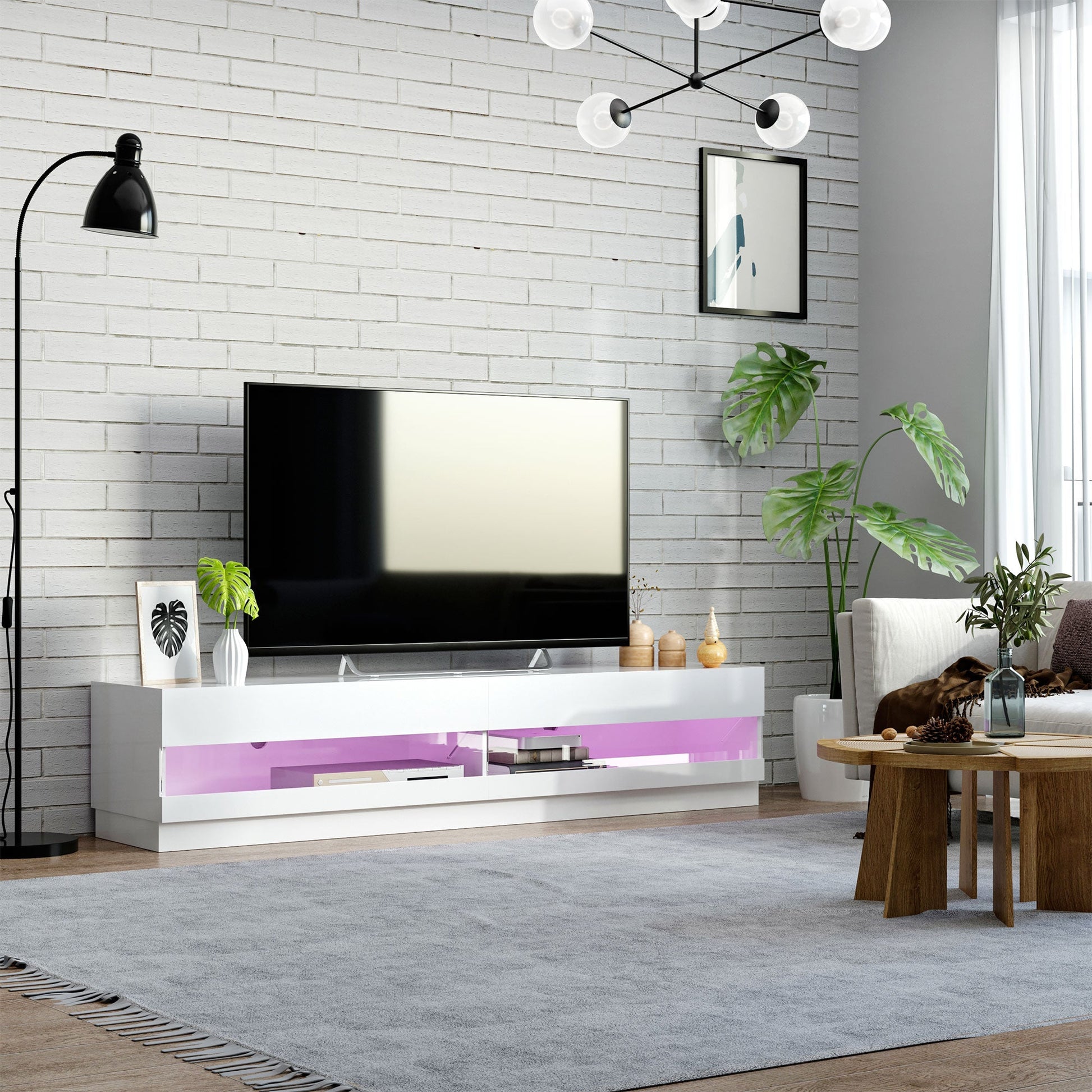 High Gloss TV Stand Cabinet for TVs up to 65", Entertainment Center with LED Light, Media Console with Storage, White TV Stands   at Gallery Canada