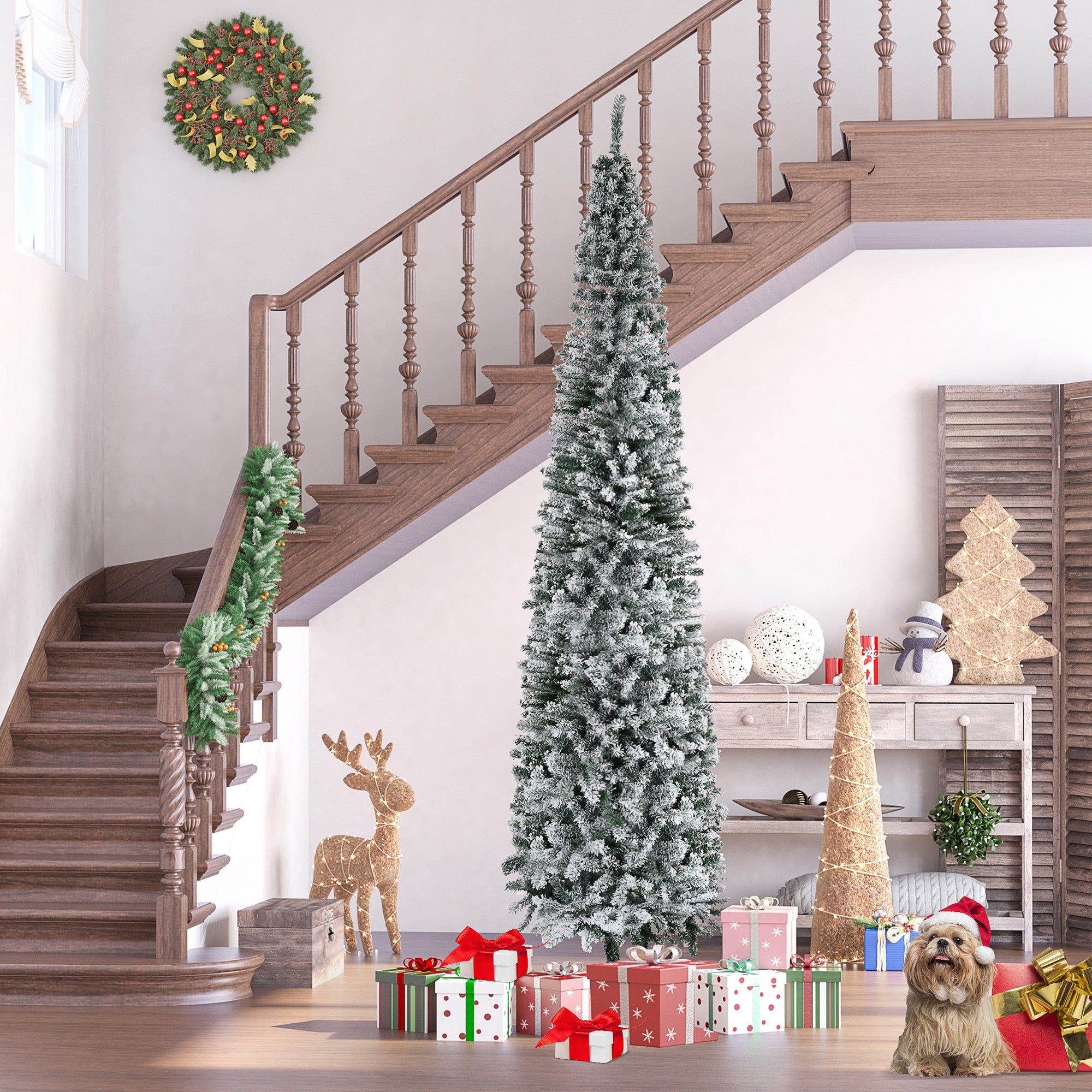 9ft Snow Flocked Pencil Christmas Tree Artificial Slim Xmas Tree with Realistic Branch Tips Folding Metal Stand Pencil Christmas Trees   at Gallery Canada