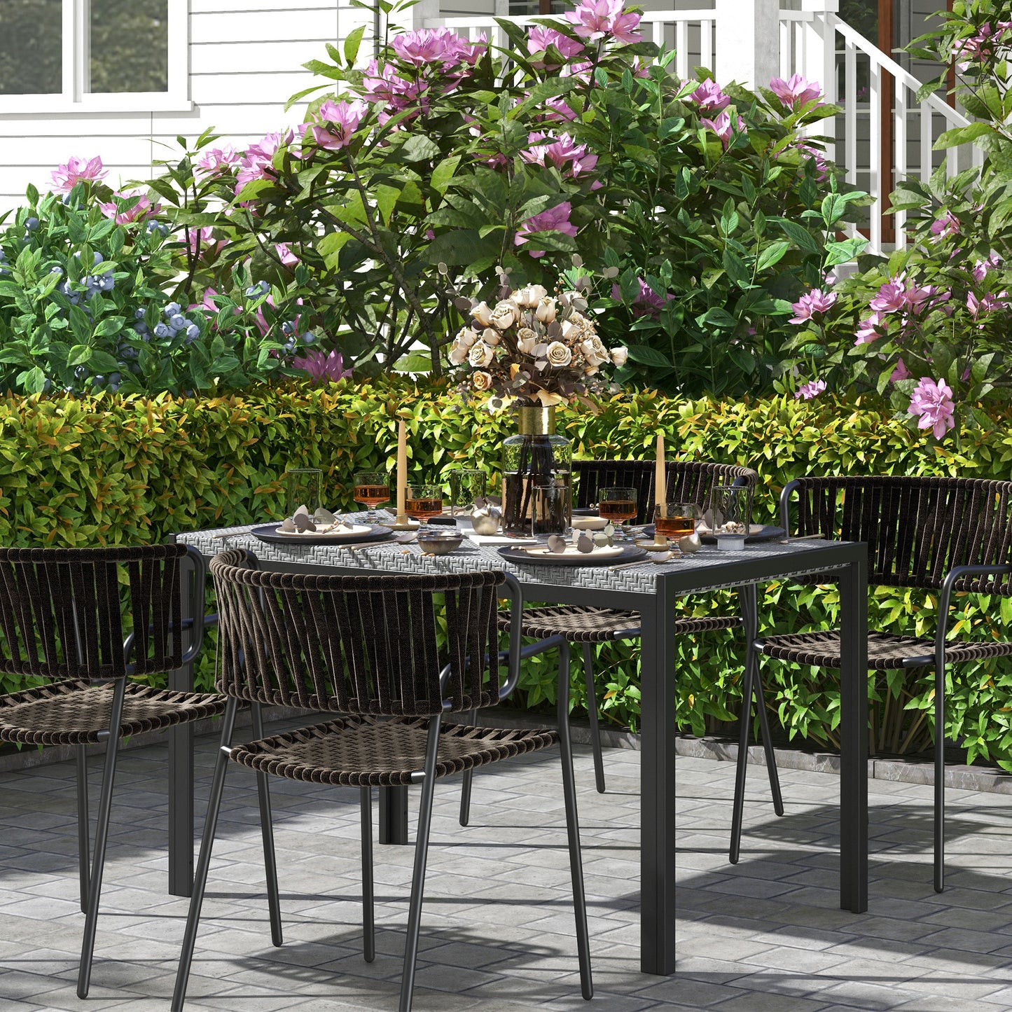 Rectangular Outdoor Dining Table, 4-Seat Patio Table with PE Rattan Wicker Tabletop for Backyard and Lawn, Grey Patio Dinning Tables   at Gallery Canada