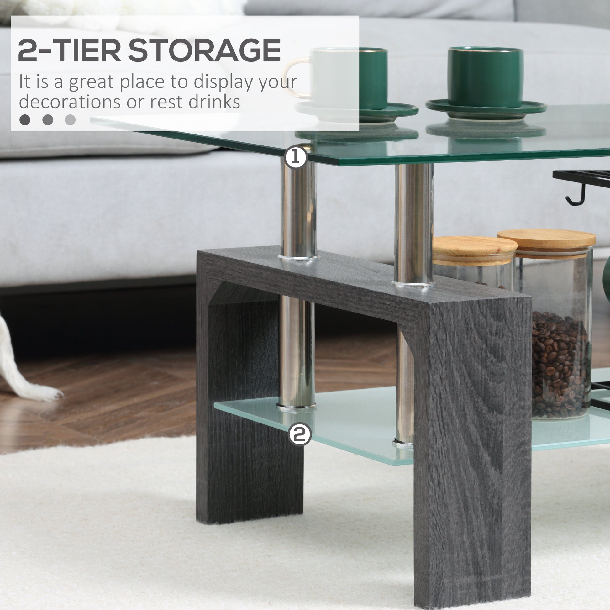 Rectangle Glass Coffee Table, 2-Tier Center Table with Tempered Glass Top and Storage Shelf for Living Room, Grey Coffee Tables   at Gallery Canada