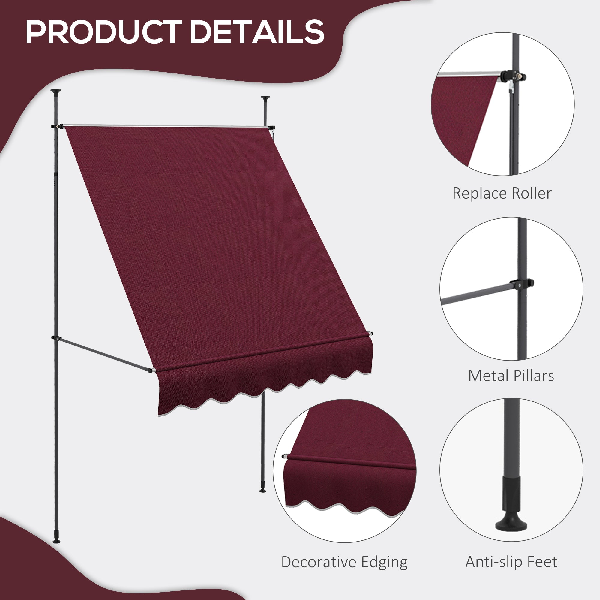 6.5' x 4' Manual Retractable Awning, Non-Screw Freestanding Patio Awning, UV Resistant, for Window or Door, Wine Red Patio Awnings   at Gallery Canada