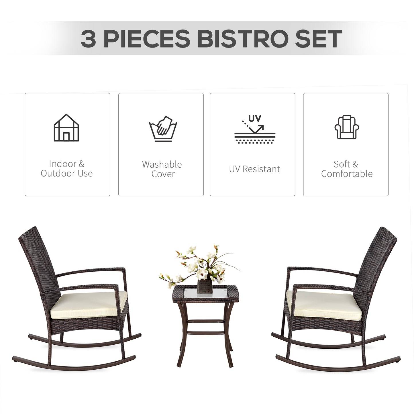 3 Pieces Patio Wicker Rocking Chair Set, Outdoor PE Rattan Bistro Set Conversation Rocker Set with 2 Chairs 1 Coffee Table for Backyard, Deck, Poolside, Cream White - Gallery Canada