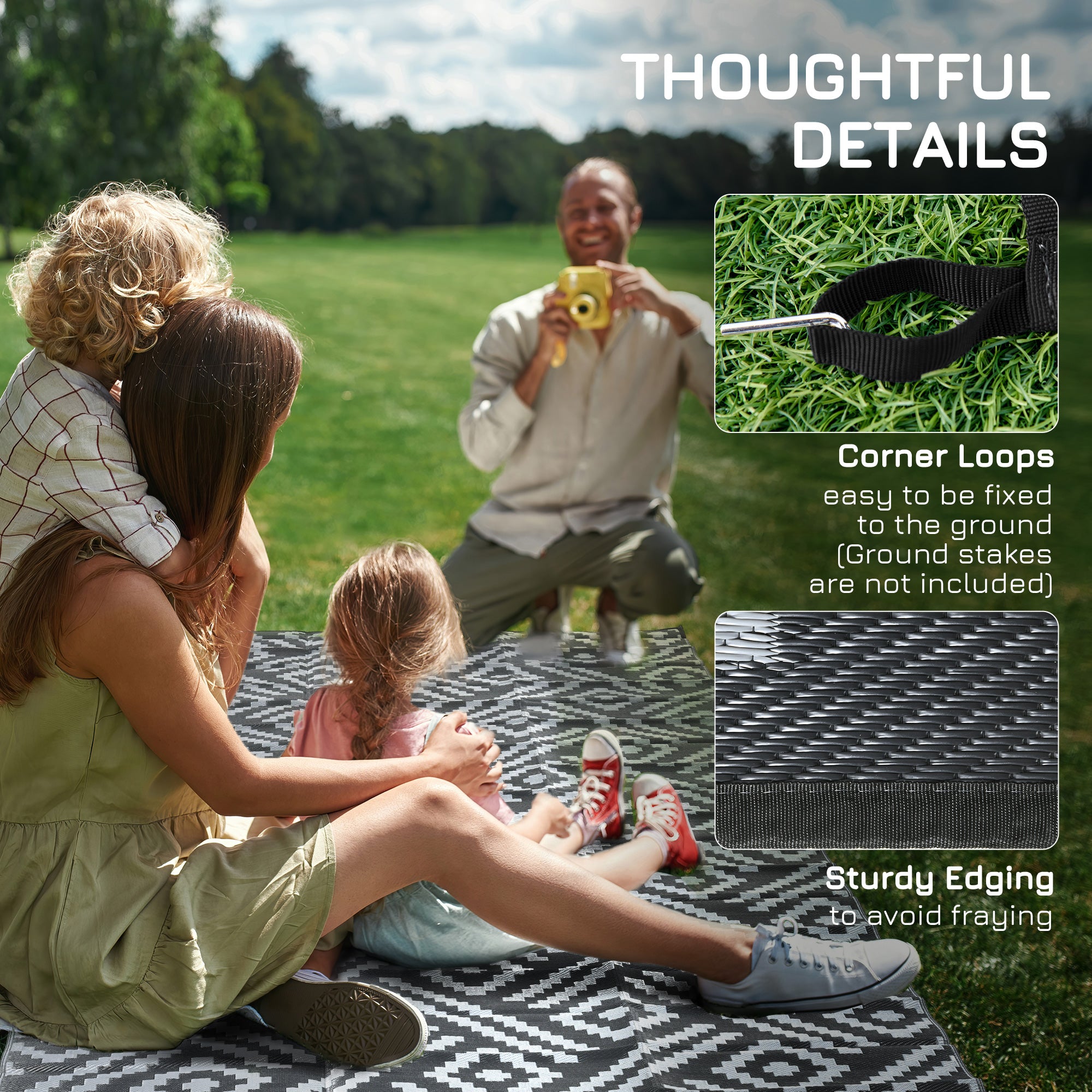 Reversible Outdoor Rug Waterproof Plastic Straw RV Rug with Carry Bag, 9' x 18', Black and Grey Geometric Outdoor Reversible Rugs   at Gallery Canada