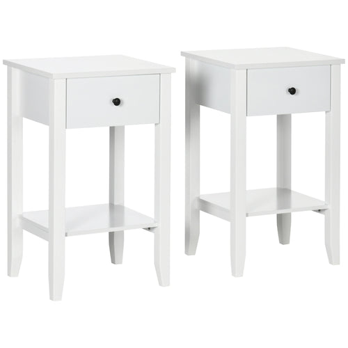 Side Table Set of 2, End Tables with Drawer and Bottom Shelf, 2-tier Nightstand for Bedroom, Living Room, White