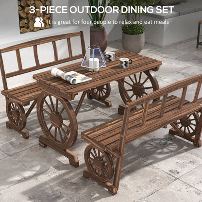 Wooden Patio Table and Chairs for 4 People 3-Piece Carriage Wheels Design for Porch, Backyard, Balcony, Carbonized Bistro Sets   at Gallery Canada