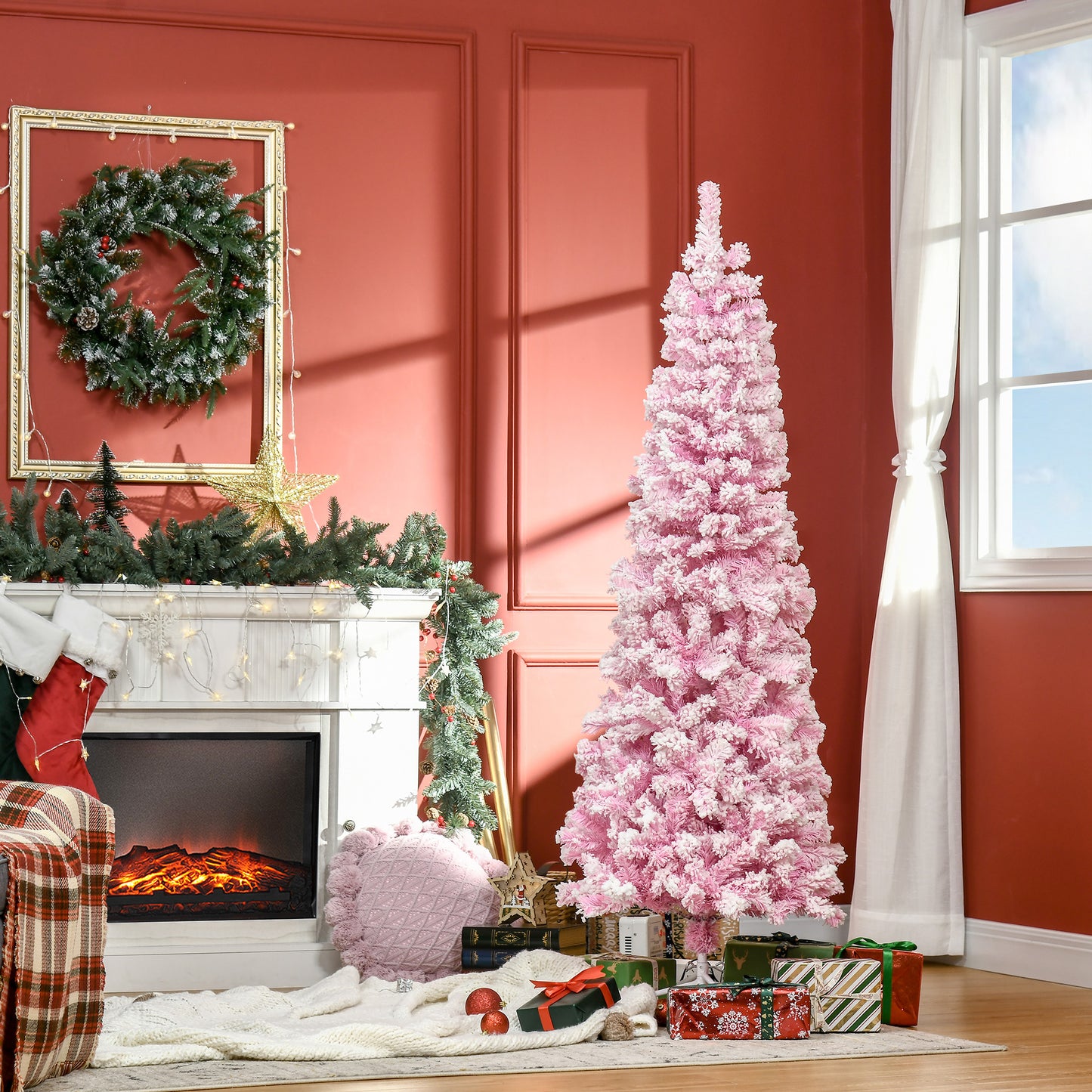 6 FT Snow Flocked Artificial Christmas Tree, Pencil Xmas Tree with Realistic Branches, Auto Open and Steel Base, Pink Artificial Christmas Trees   at Gallery Canada