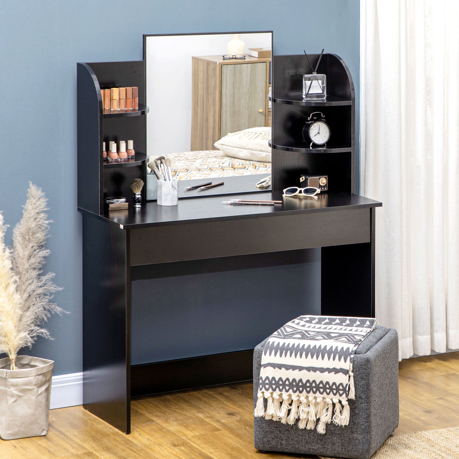 Vanity Table Wood Dressing Table w/ Makeup Mirror, Big Drawers, Open Shelf for Bedroom Black Dressing & Vanity Tables   at Gallery Canada