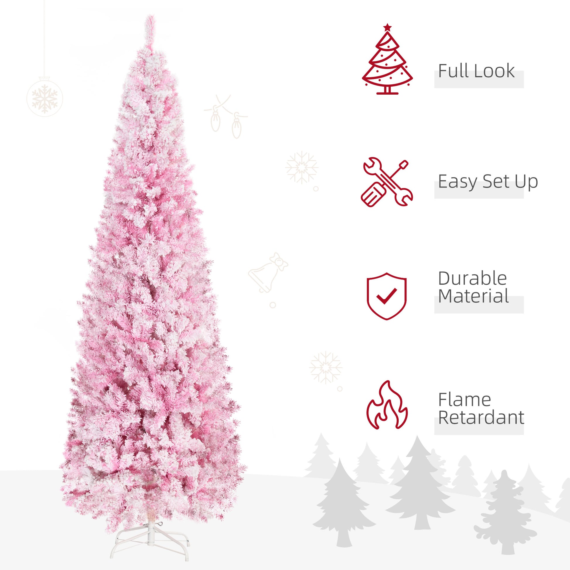 7.5 FT Snow Flocked Artificial Christmas Tree, Pencil Xmas Tree with Realistic Branches, Auto Open and Steel Base, Pink Pencil Christmas Trees   at Gallery Canada