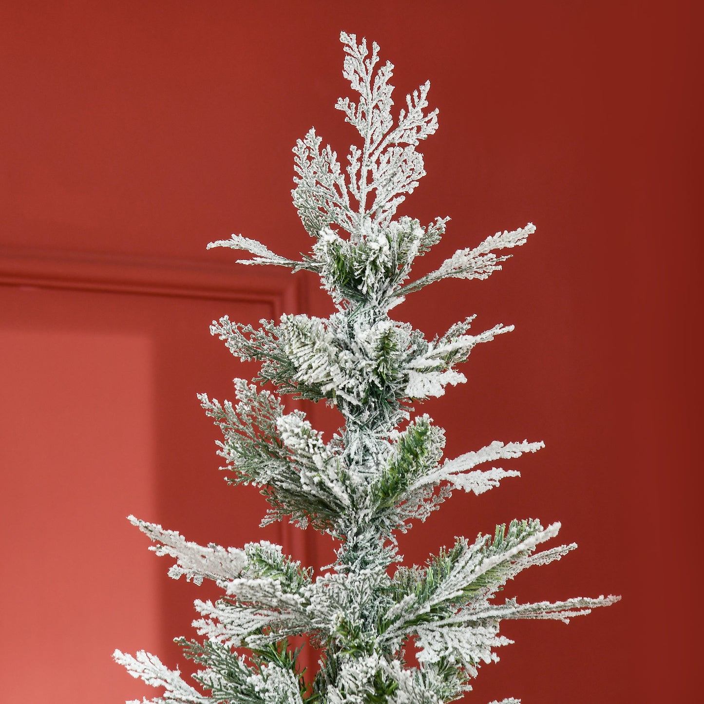 7.5 Feet Pencil Snow Flocked Artificial Christmas Tree with 880 Realistic Cypress Branches, Auto Open, Green Pencil Christmas Trees   at Gallery Canada