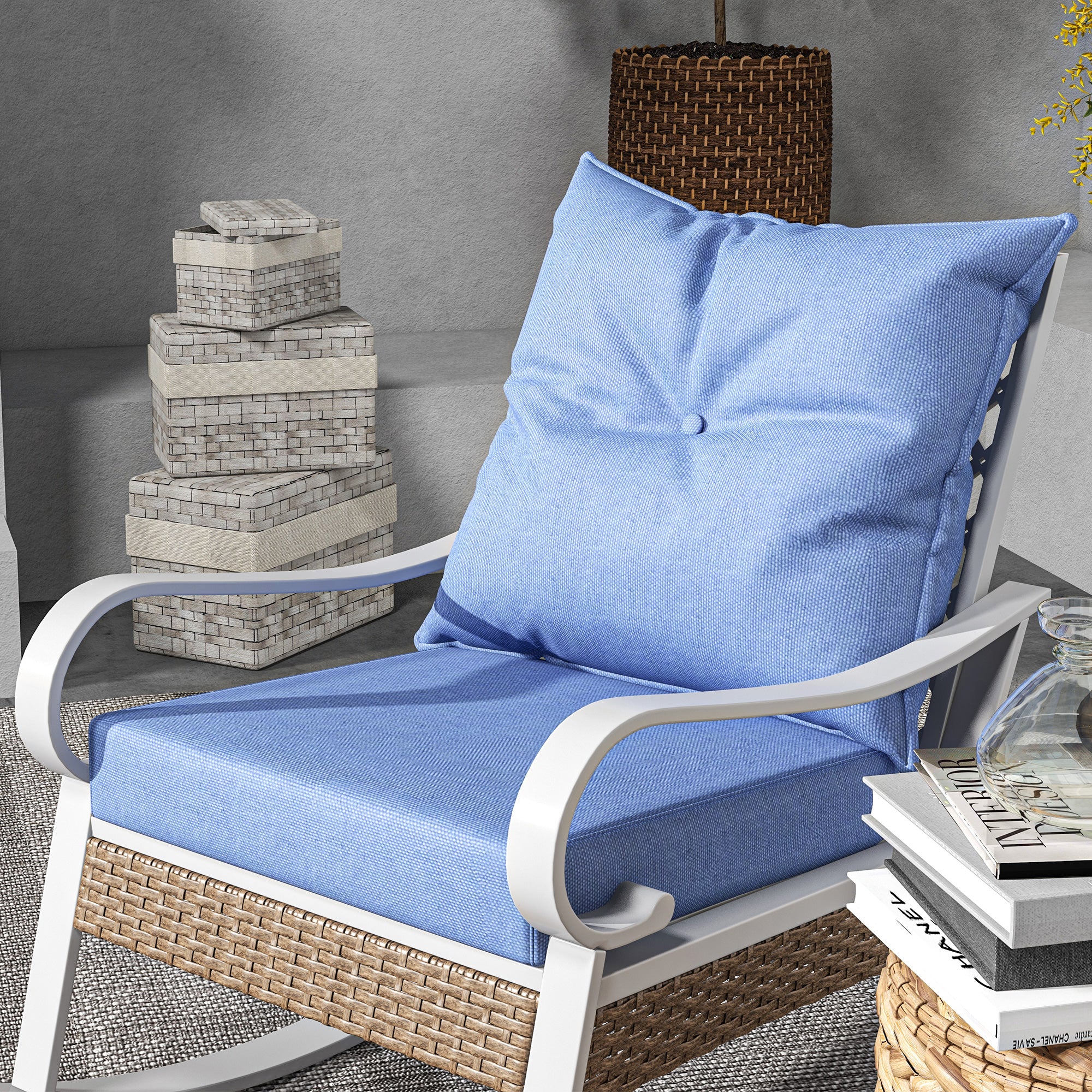 Outdoor Rocker, Porch Rocking Chair with Soft Cushion, Rattan Decoration for Garden, Patio, Balcony, Lawn, Light Blue Outdoor Rocking Chairs   at Gallery Canada