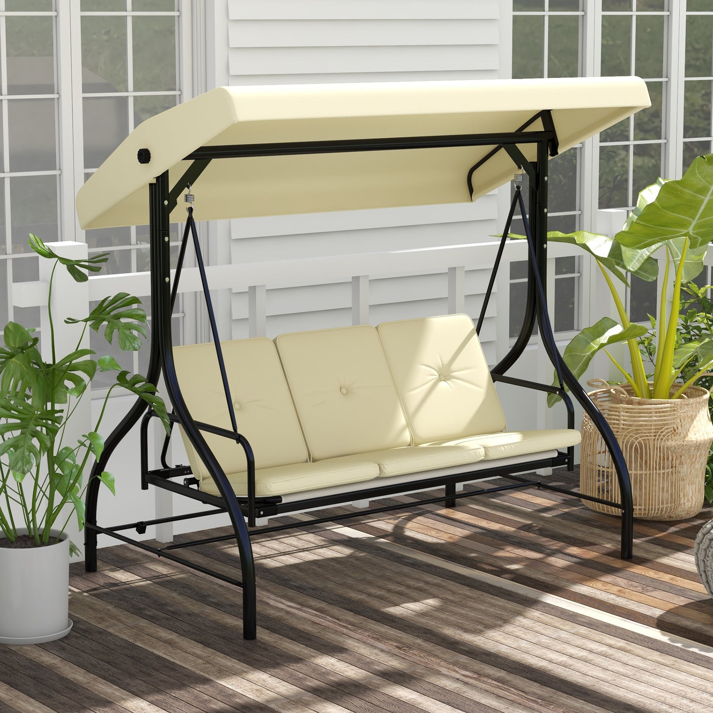 Convertible Patio Swing Bed with Canopy and Cushions, 3 Seater Porch Swing for Outdoor, Backyard, Garden, Beige Porch Swings with Canopy   at Gallery Canada