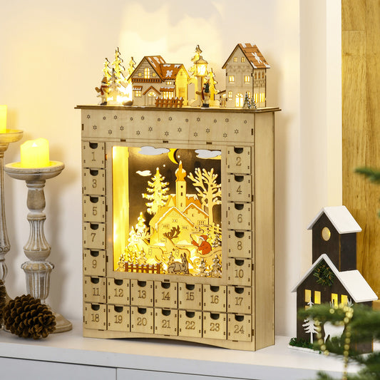 Christmas Advent Calendar, Wooden Countdown to Christmas Table Decoration with 24 Drawers, Lights, Battery Operated Christmas Advent Calendars Natural  at Gallery Canada