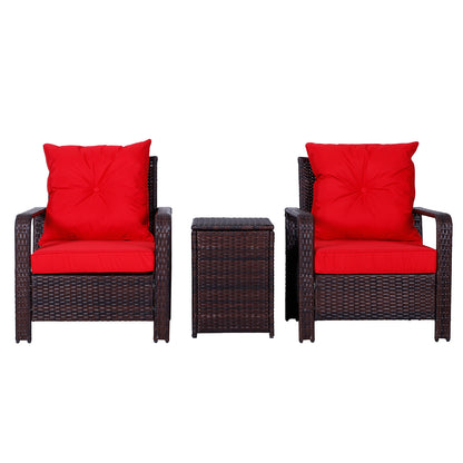 3 Pieces Patio Bistro Set, PE Rattan Garden Sofa Set with 2 Padded Chairs 1 Storage Table, Red Bistro Sets   at Gallery Canada