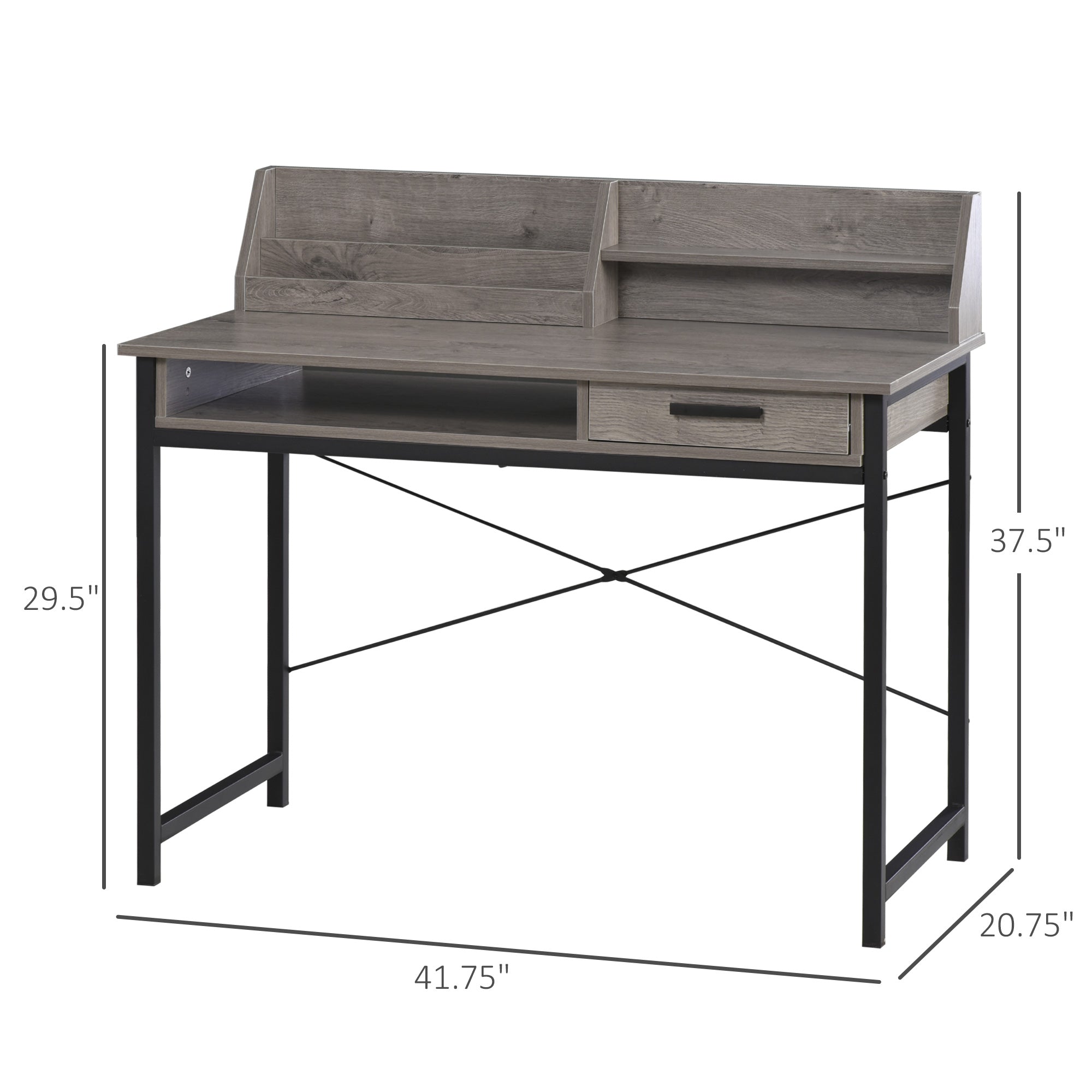 Industrial Computer Desk with Drawer and Open Shelves, Writing Table with Hutch for Home Office, Grey Writing Desks Black and Grey  at Gallery Canada