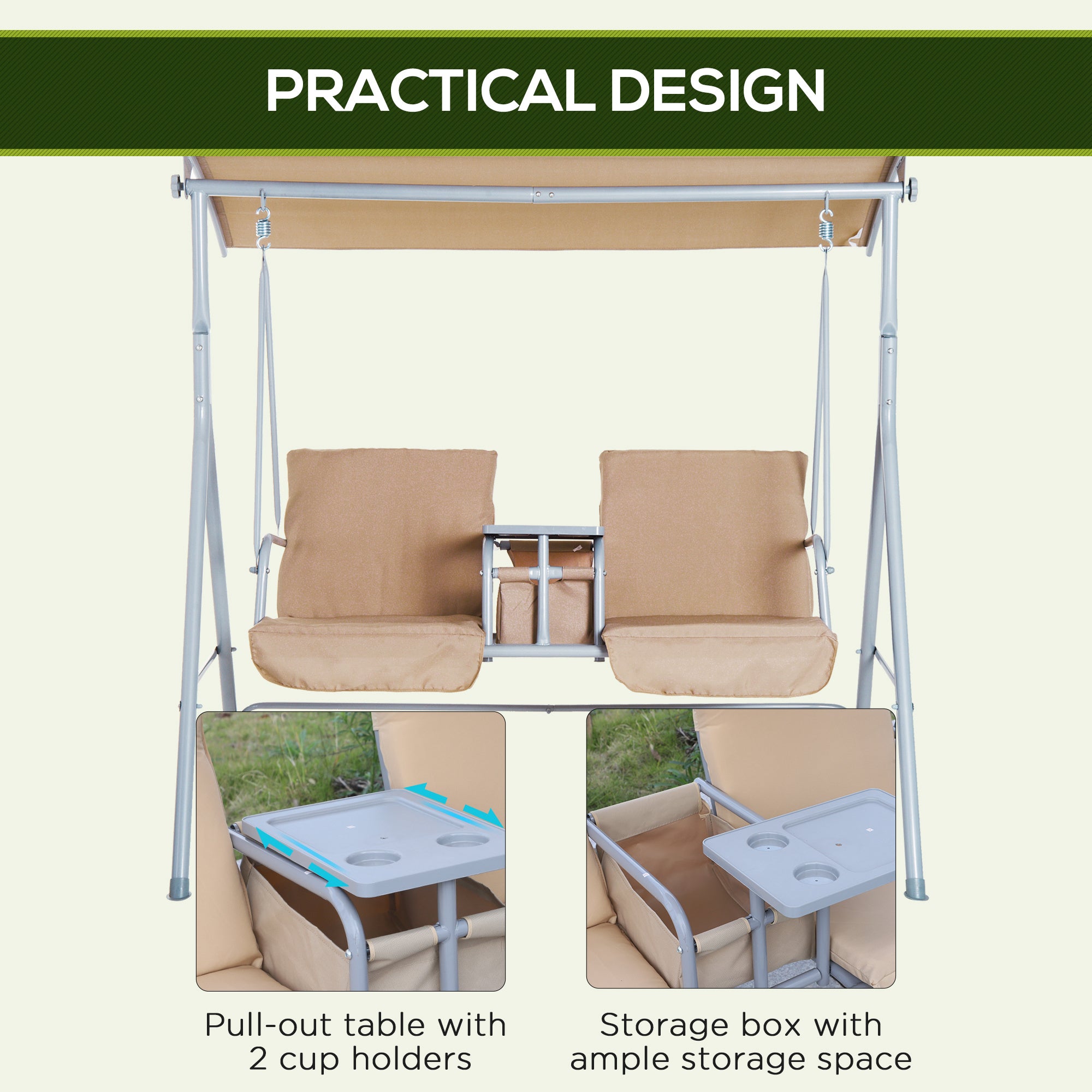 Double Outdoor Swing Chair 2 Person Covered Swing Porch Swing w/ Pivot Table and Storage Console, Beige Patio Swings with Stand   at Gallery Canada