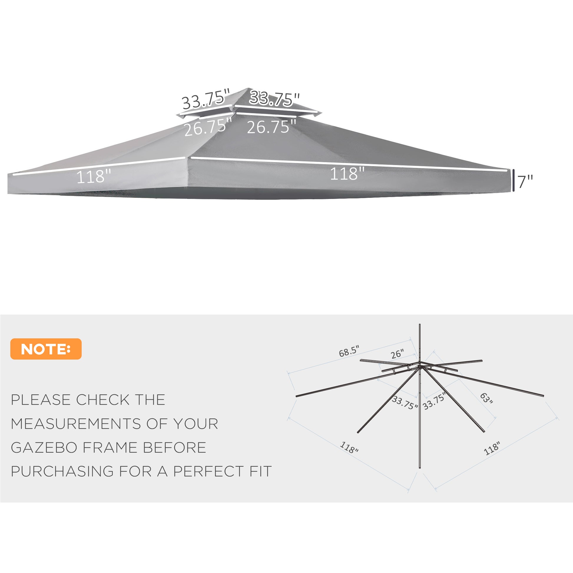 9.8' x 9.8' Square 2-Tier Gazebo Canopy Replacement Top Cover Outdoor Garden Sun Shade, Light Grey Gazebo Canopy Replacement   at Gallery Canada