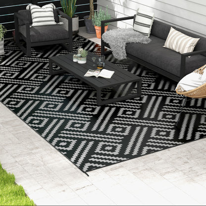 Reversible Outdoor Rug Waterproof Plastic Straw RV Rug with Carry Bag, 9' x 18', Black and Grey Geometric Outdoor Reversible Rugs   at Gallery Canada