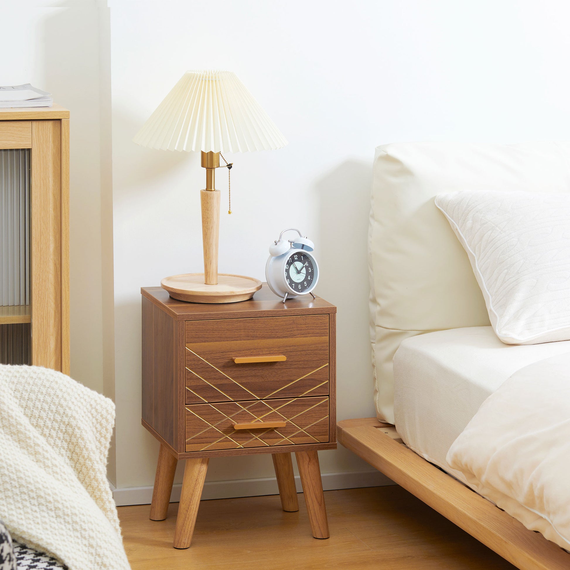 Scandinavian Bedside Table, Side End Table with 2 Drawers and Wood Legs, 13.8" x 12.6" x 20.3", Brown Bedside Tables   at Gallery Canada