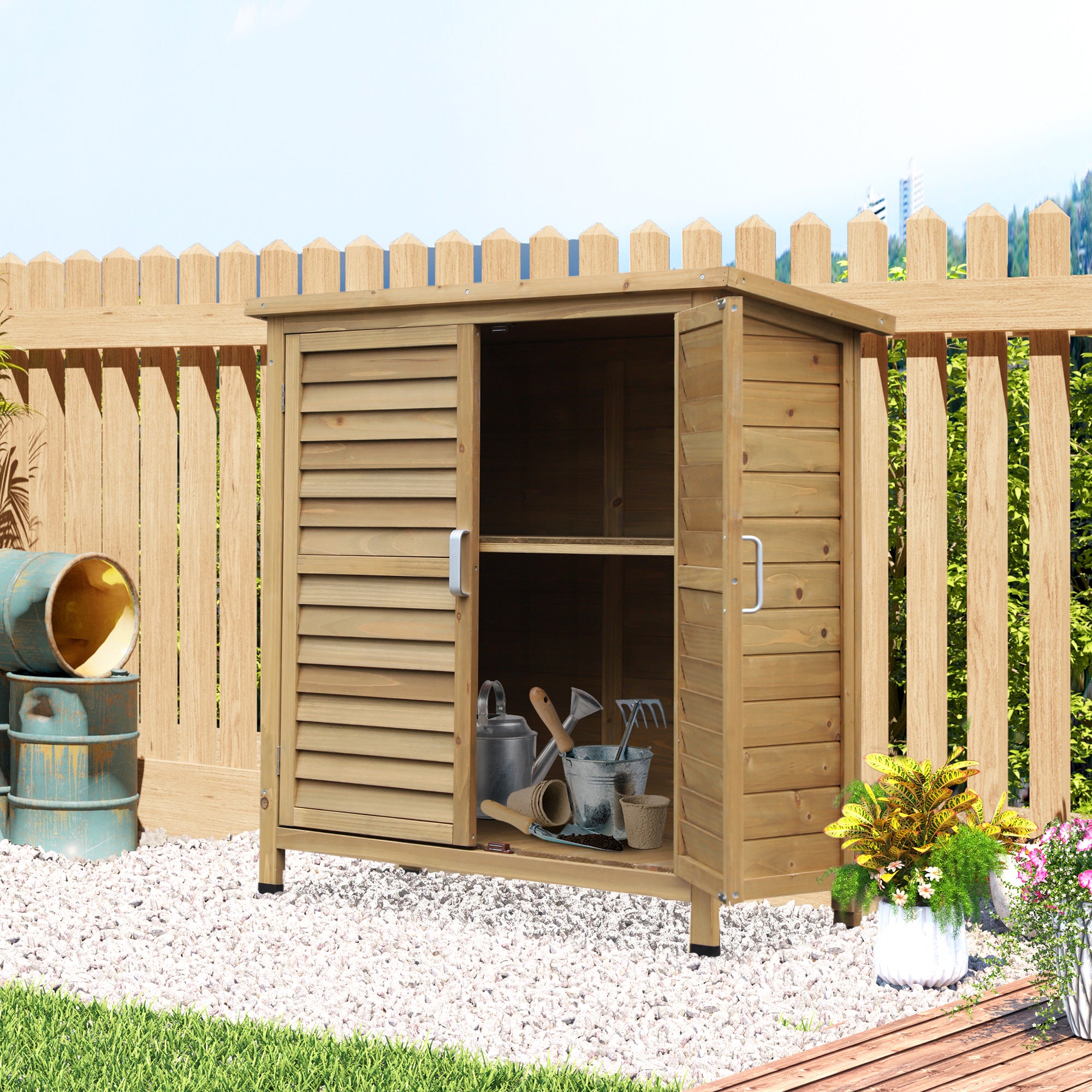 Wooden Garden Storage Shed Kit Wood Garage Tool Organisation Cabinet with 2 Door , 34