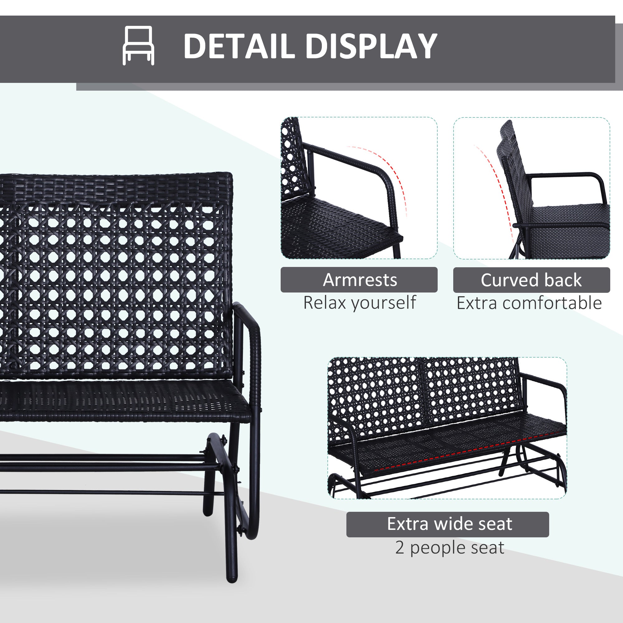 Outdoor Glider Patio Rattan Swing Garden Bench Wicker Rocking Chair Steel Frame, for Garden, Backyard, Porch, Balcony 47