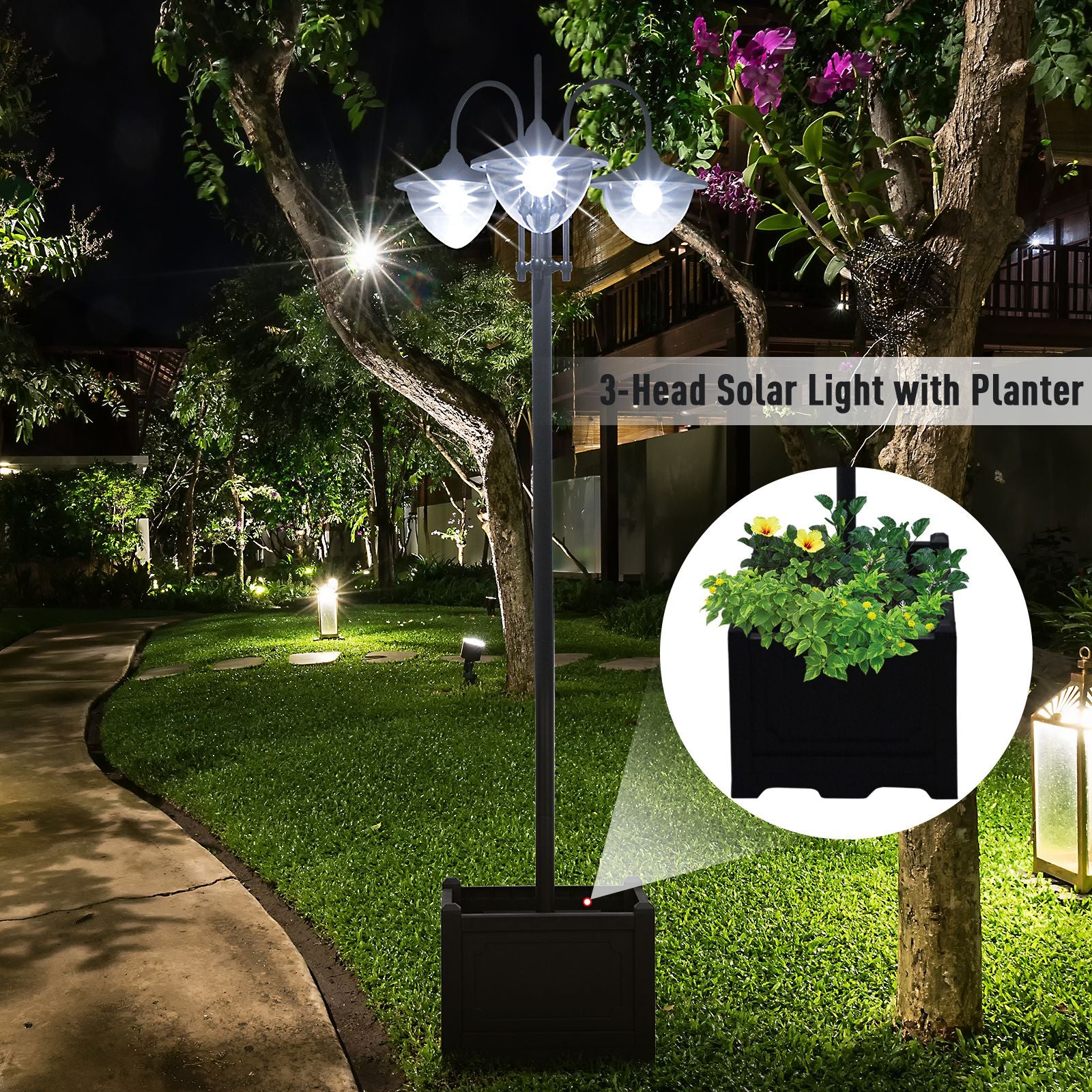 3-head LED Solar Light Lamp Street Light Post with Planter, Solar-powered Lamp Post, Black Solar Post Lamps   at Gallery Canada