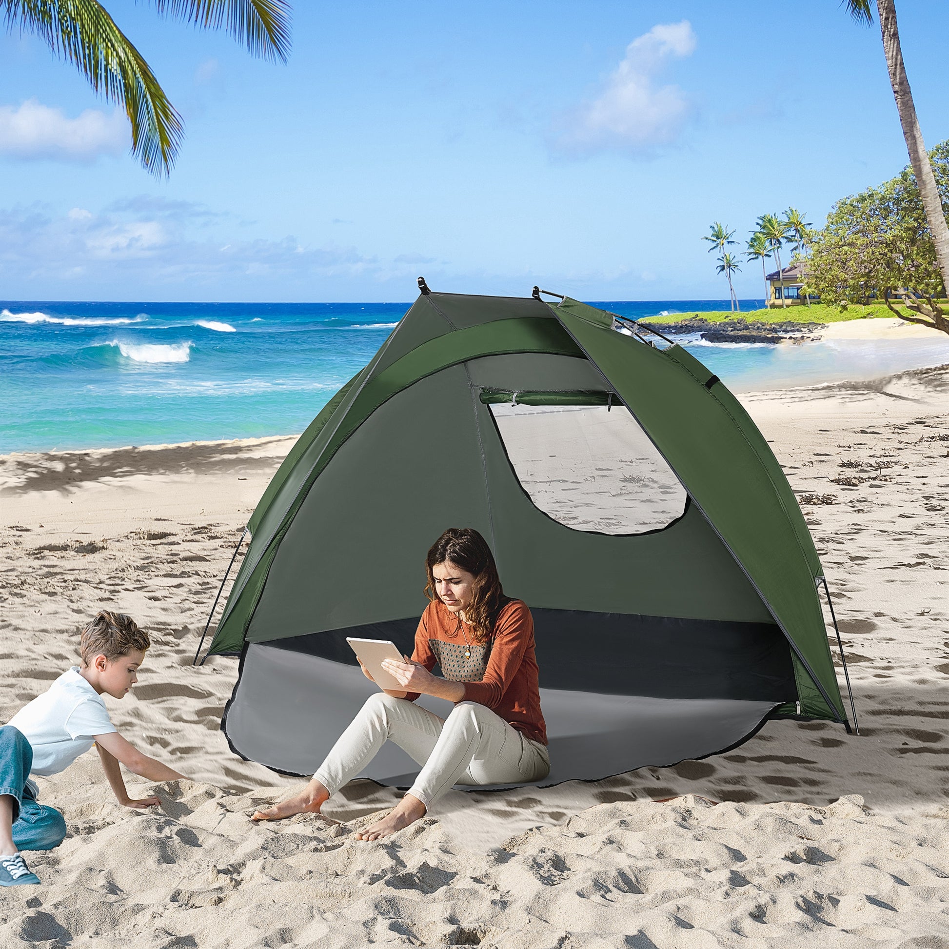 Pop Up Tent, Beach Tent, UV Protected Sun Shelter with Carry Bag and Ground Stakes for 2-3 Person, Green Beach Accessories   at Gallery Canada