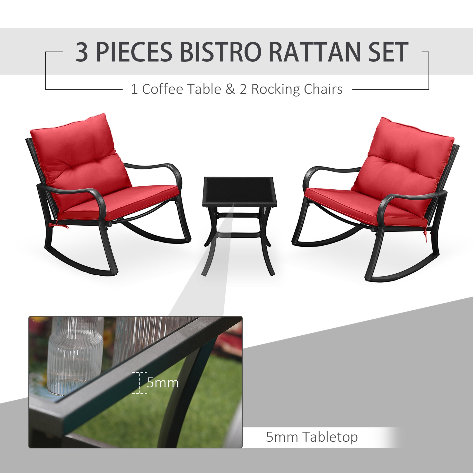 3-Piece Patio Wicker Rocking Chair Set with Cushions and Table, Red Outdoor Rocking Chairs   at Gallery Canada