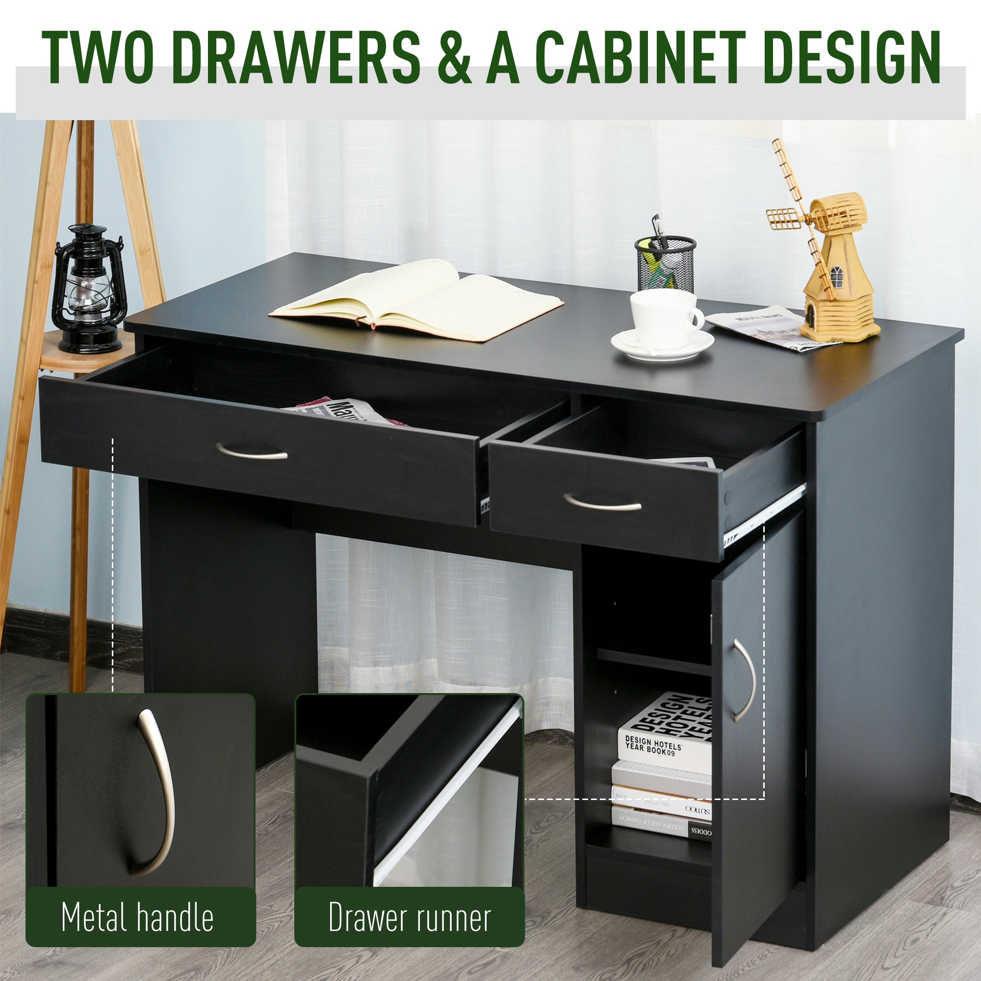 Computer Desk with Storage Drawers, Study Writing Table with Cabinet Adjustable Shelf for Home Office Workstation Bedroom, Black Writing Desks   at Gallery Canada