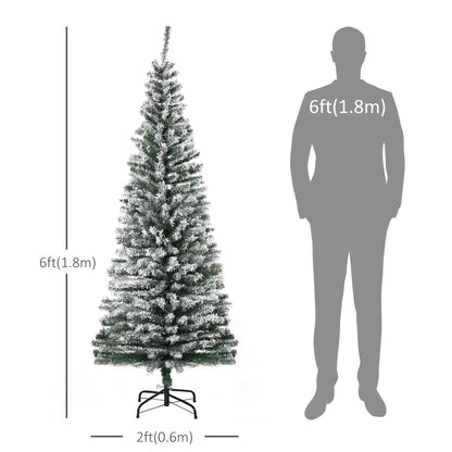 6ft Snow Flocked Pencil Christmas Tree Artificial Slim Xmas Tree with Realistic Branch Tips Folding Metal Stand Pencil Christmas Trees   at Gallery Canada