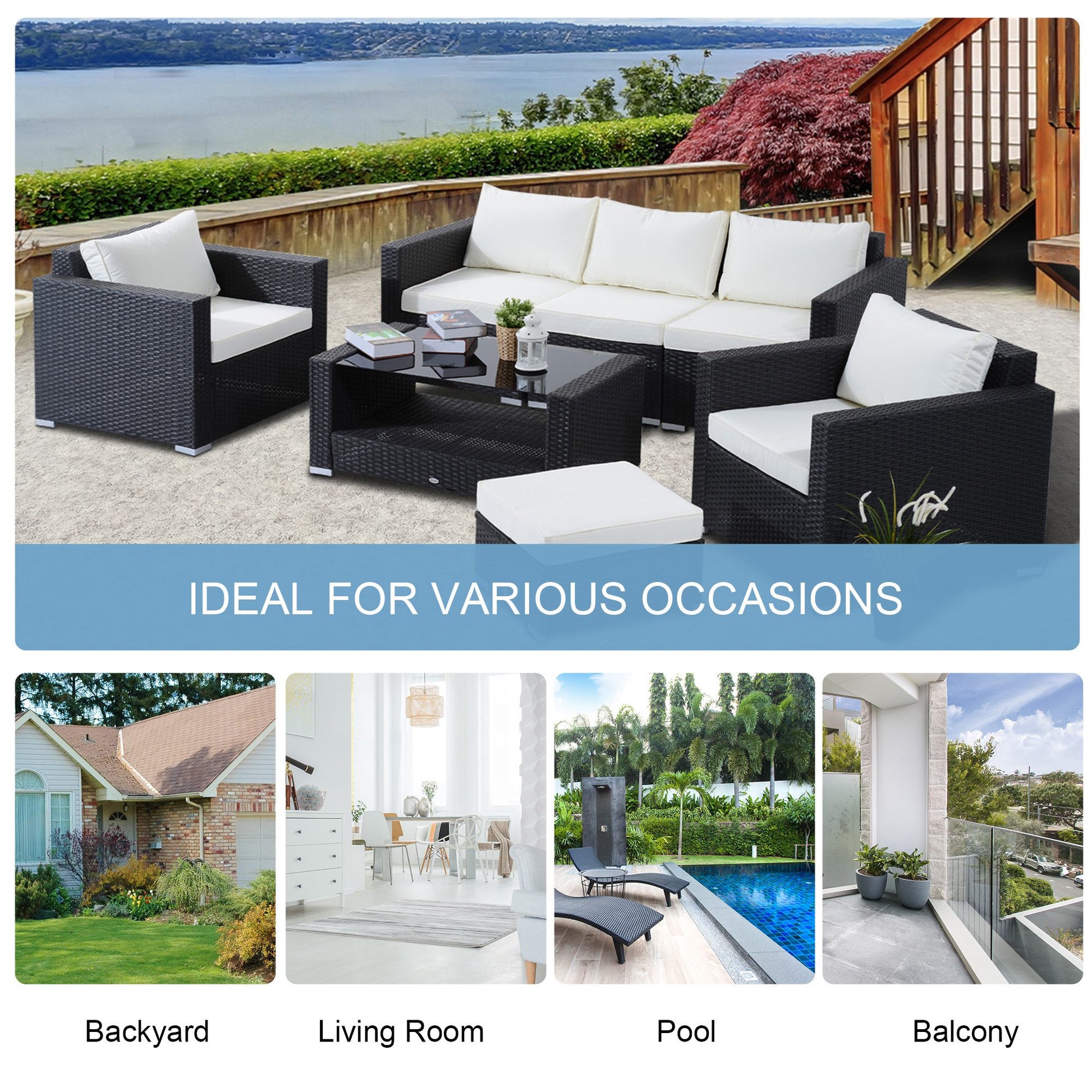 7 Pieces Patio Wicker Furniture Set, Outdoor PE Rattan Sectional Conversation Furniture Sofa with Glass Table and Cushion, Beige Patio Furniture Sets   at Gallery Canada