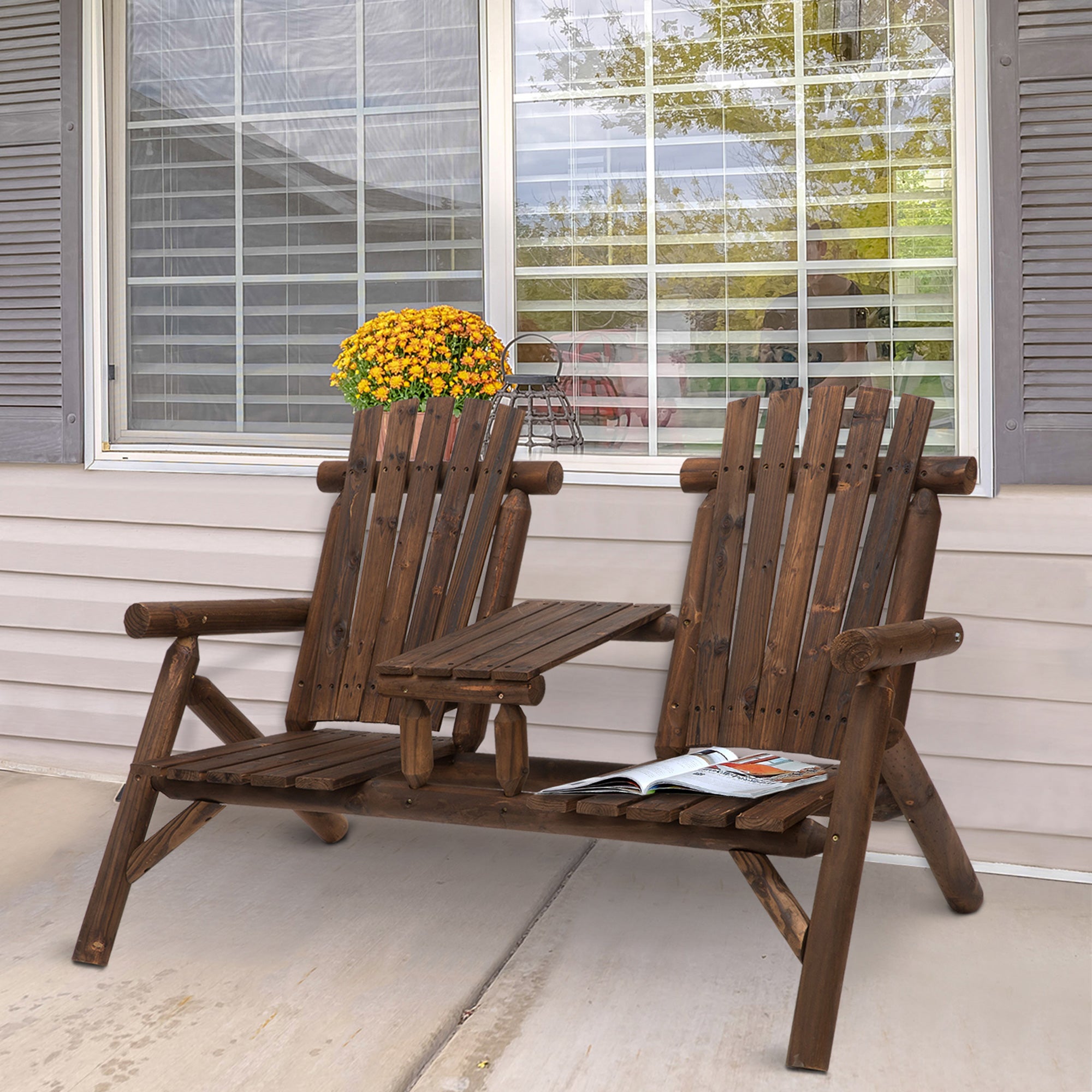 Wood Adirondack Patio Chair Bench with Center Coffee Table, for Lounging and Relaxing Outdoors Carbonized Outdoor Benches   at Gallery Canada