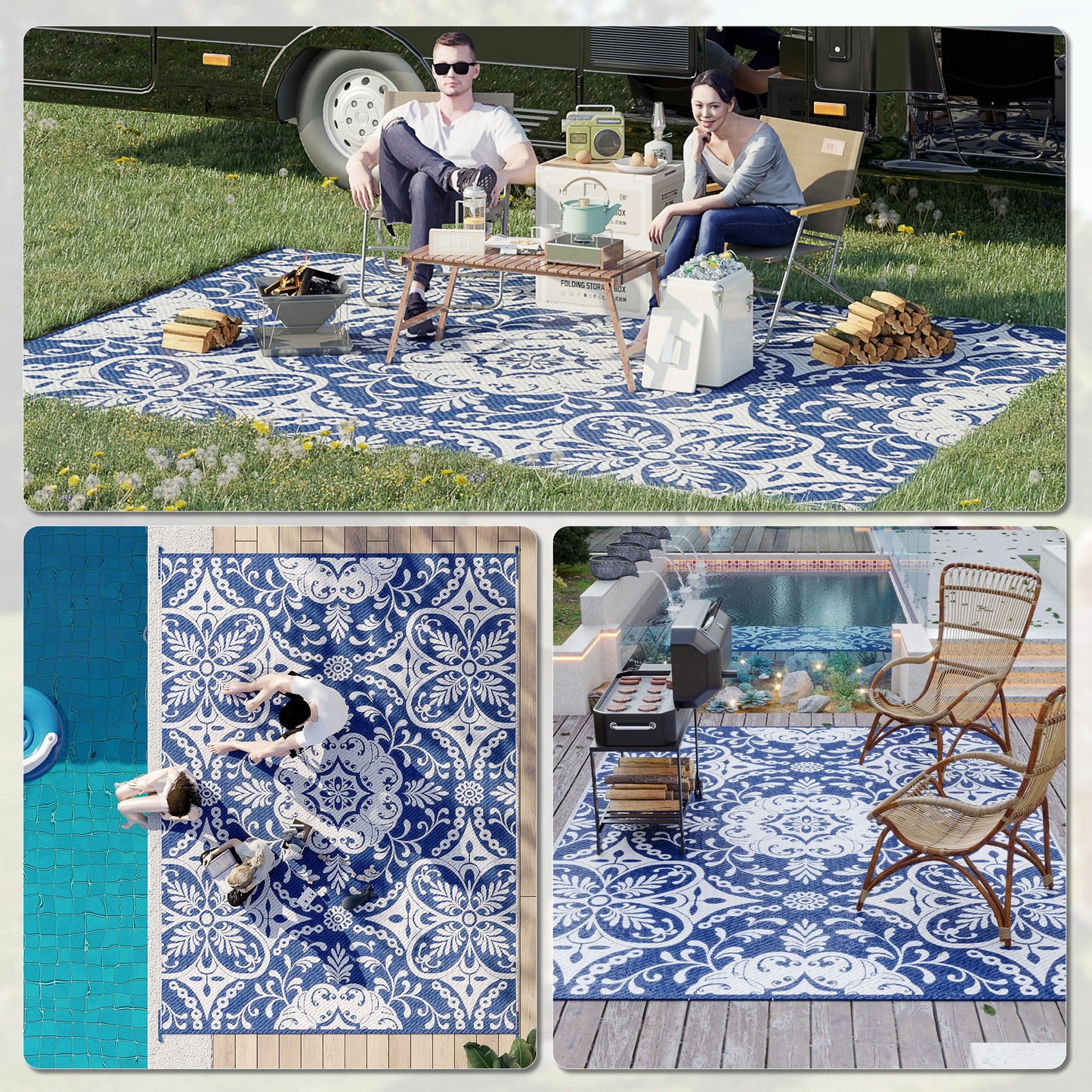 Reversible Waterproof Outdoor Rug with Carry Bag, 9' x 12' for RV, Camping, Blue Outdoor Reversible Rugs   at Gallery Canada