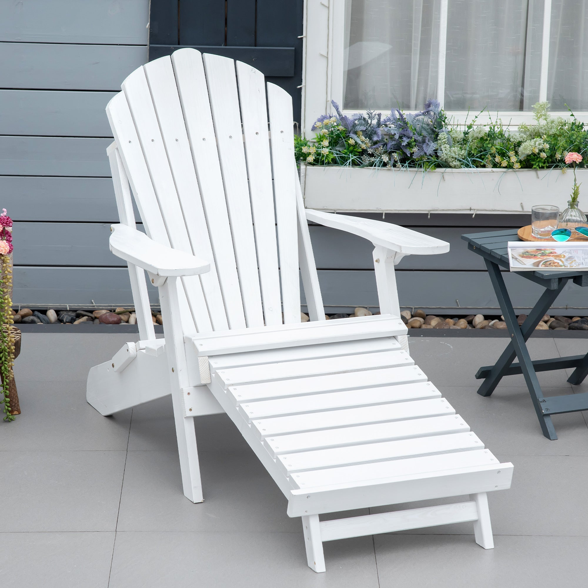 Adirondack Outdoor Patio, Porch, Poolside, Garden, Foldable Lounger Wooden Chair with Ottoman, White Patio Chairs   at Gallery Canada