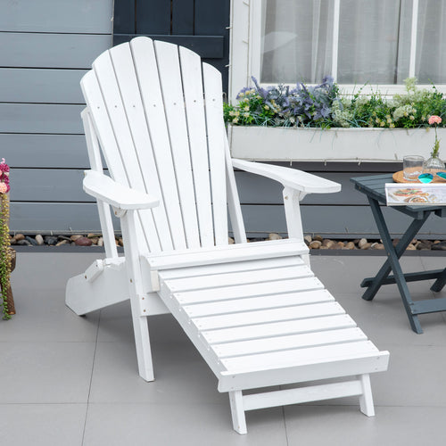 Adirondack Outdoor Patio, Porch, Poolside, Garden, Foldable Lounger Wooden Chair with Ottoman, White