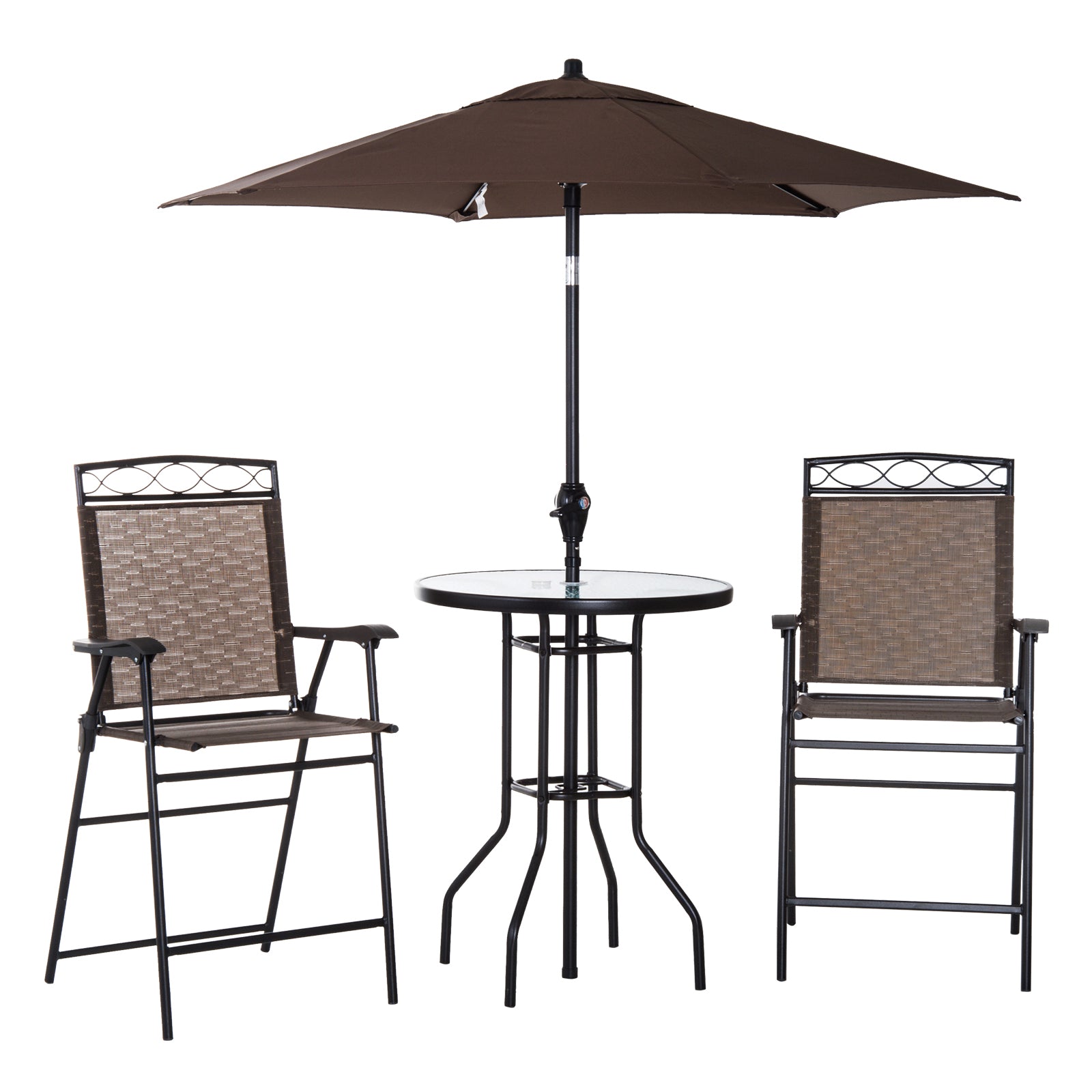 4 Piece Patio Bar Set, Sling Folding Outdoor Furniture with Umbrella for Poolside, Backyard and Garden, Brown Bistro Sets Brown  at Gallery Canada