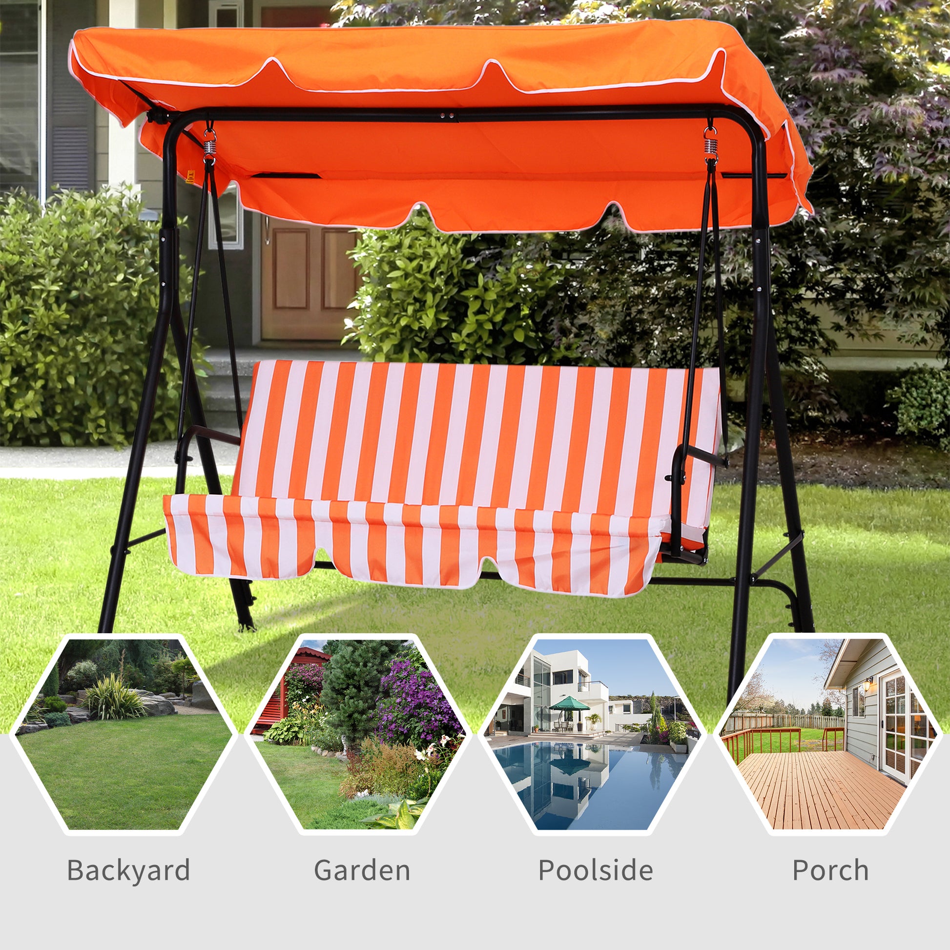 3-Seat Outdoor Patio Swing Chair with Adjustable Canopy and Removable Cushion, Weather-Resistant Steel Frame, Orange Porch Swings with Canopy   at Gallery Canada