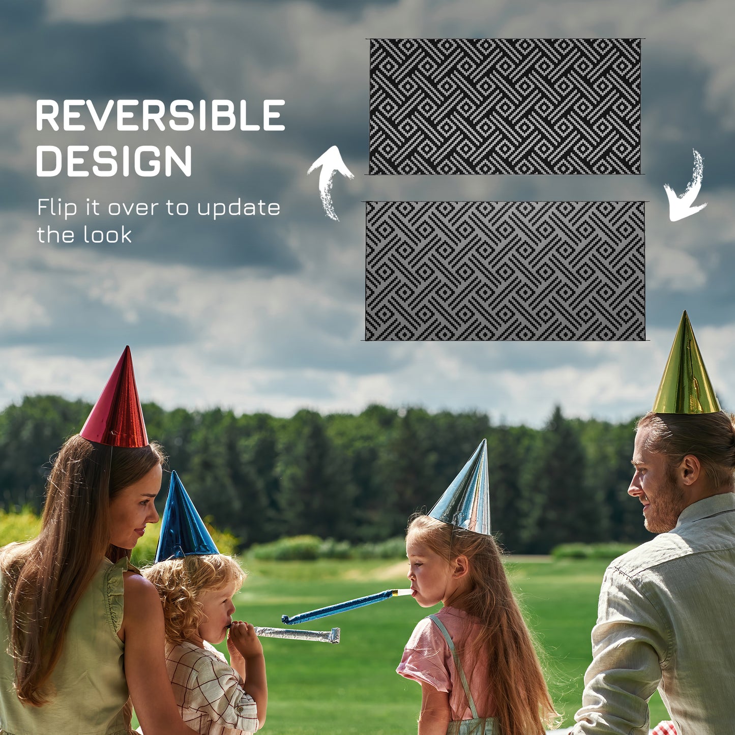 Reversible Outdoor Rug Waterproof Plastic Straw RV Rug with Carry Bag, 9' x 18', Black and Grey Geometric Outdoor Reversible Rugs   at Gallery Canada