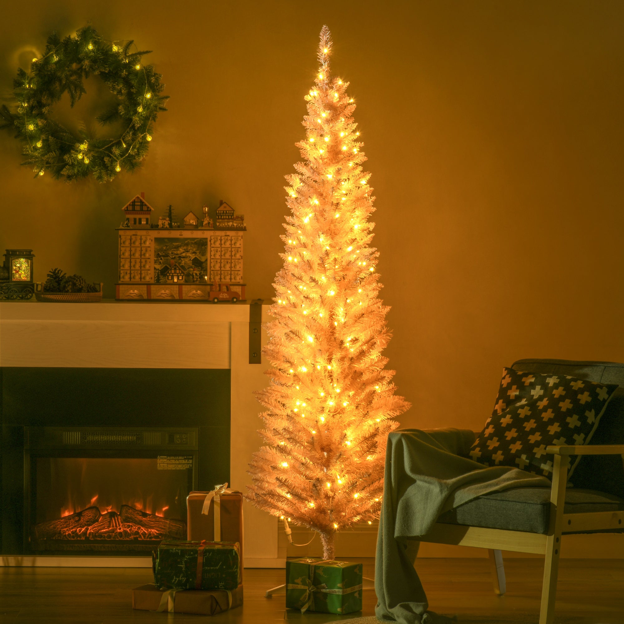 6' Pre Lit Artificial Pencil Christmas Trees, Xmas Tree with Realistic Branches and Warm White LED Lights, Pink Pencil Christmas Trees   at Gallery Canada