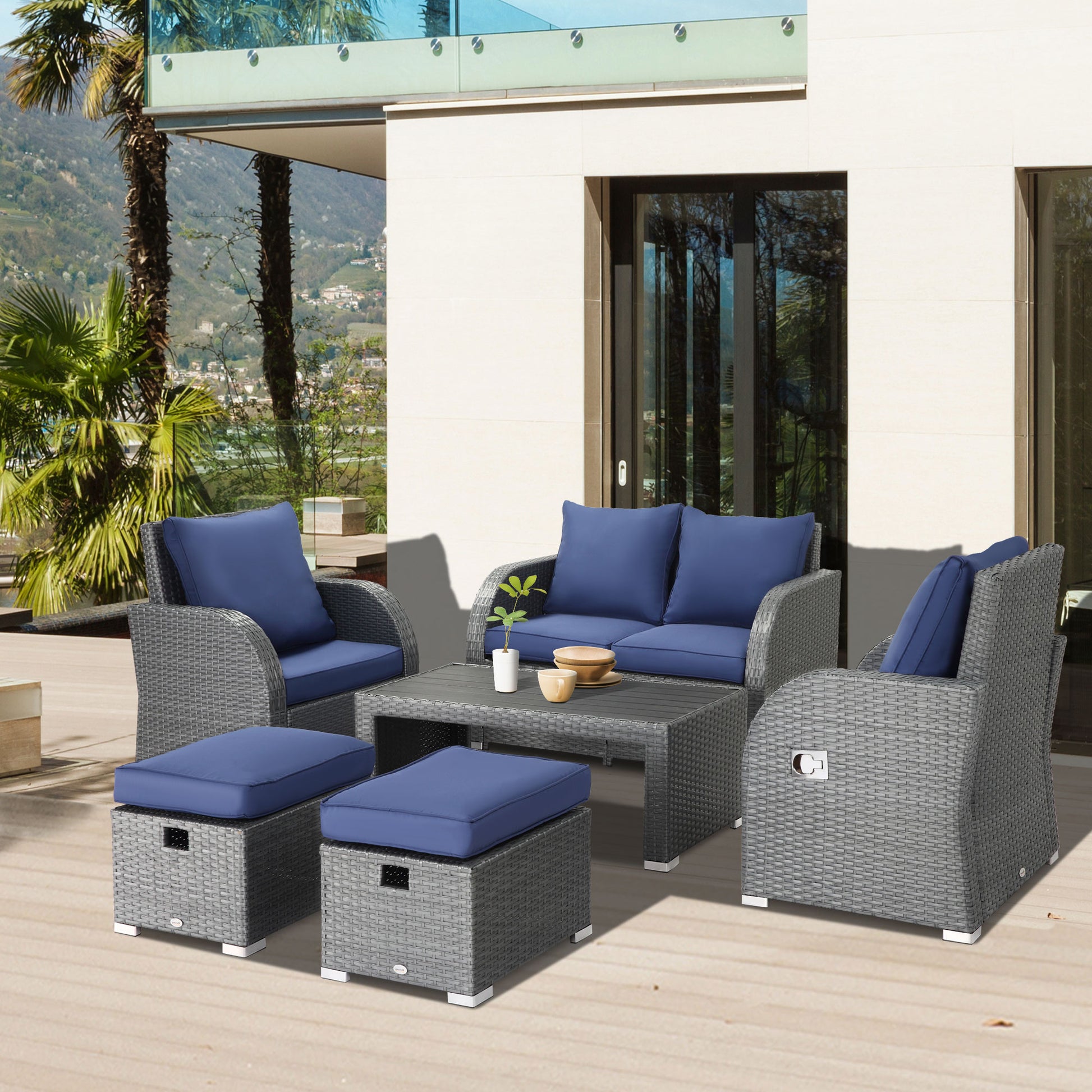 6-PCs Outdoor Rattan Wicker Sofa Set Angle Adjustable Recline Single Chair, w/ Gas Spring &; Soft Washable Cushions, Dark Blue Patio Furniture Sets   at Gallery Canada