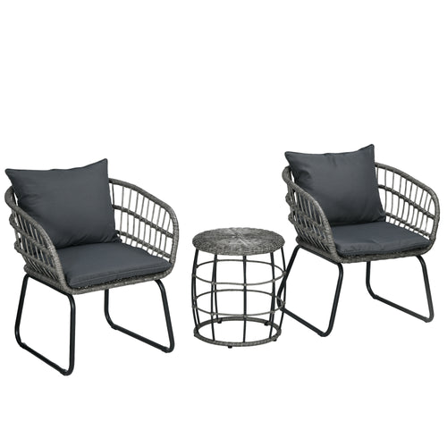 3 Pieces Patio Furniture Outdoor PE Rattan Bistro with Soft Seat and Back Cushions for Garden, Backyard, Charcoal Grey