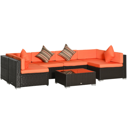 7pcs Garden Wicker Sectional Set w/ Tea Table Patio Rattan Lounge Sofa with Cushion for Outdoor Deck Orange