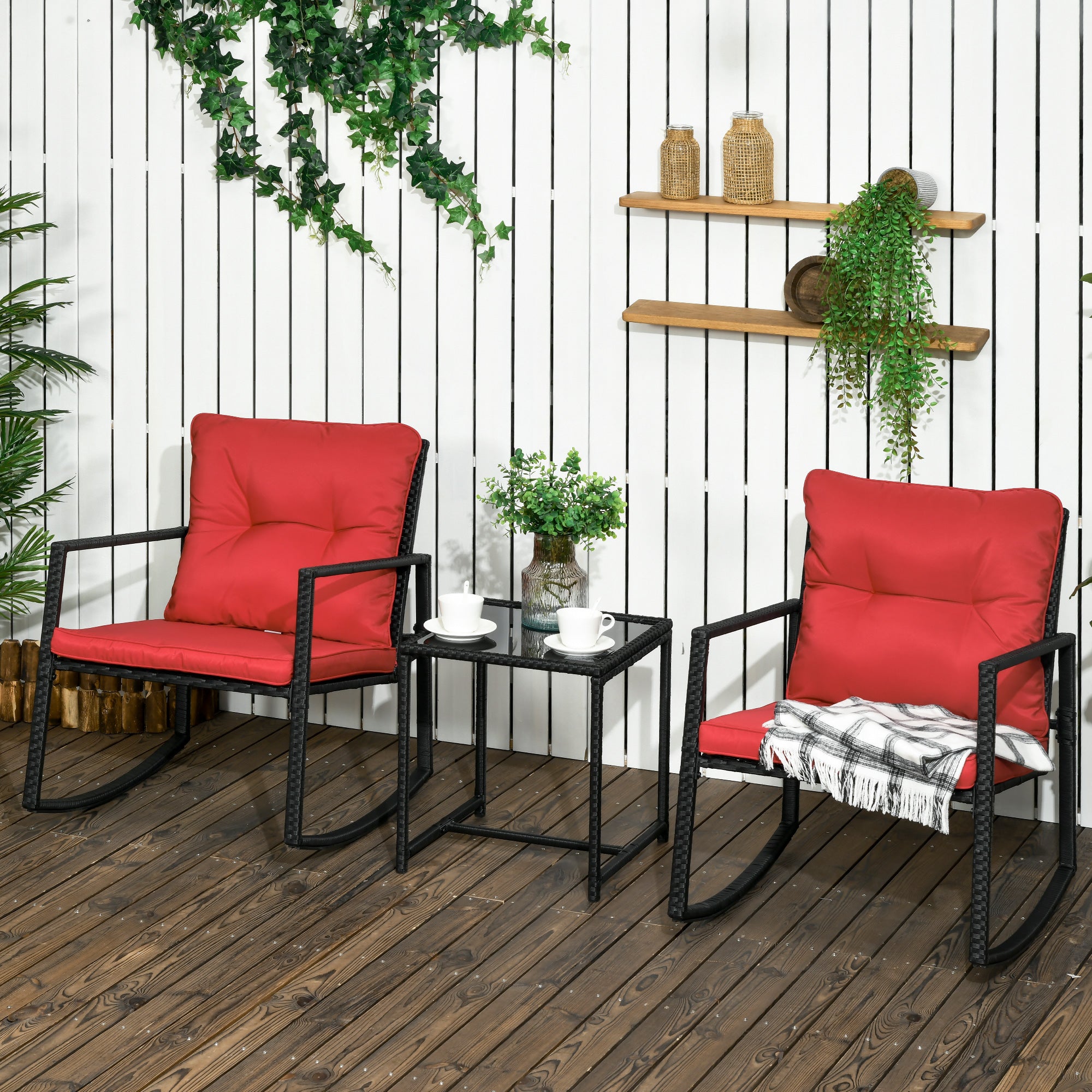 Outdoor Wicker Rocking Bistro Set with Cushions and Glass Table, Red Outdoor Rocking Chairs   at Gallery Canada