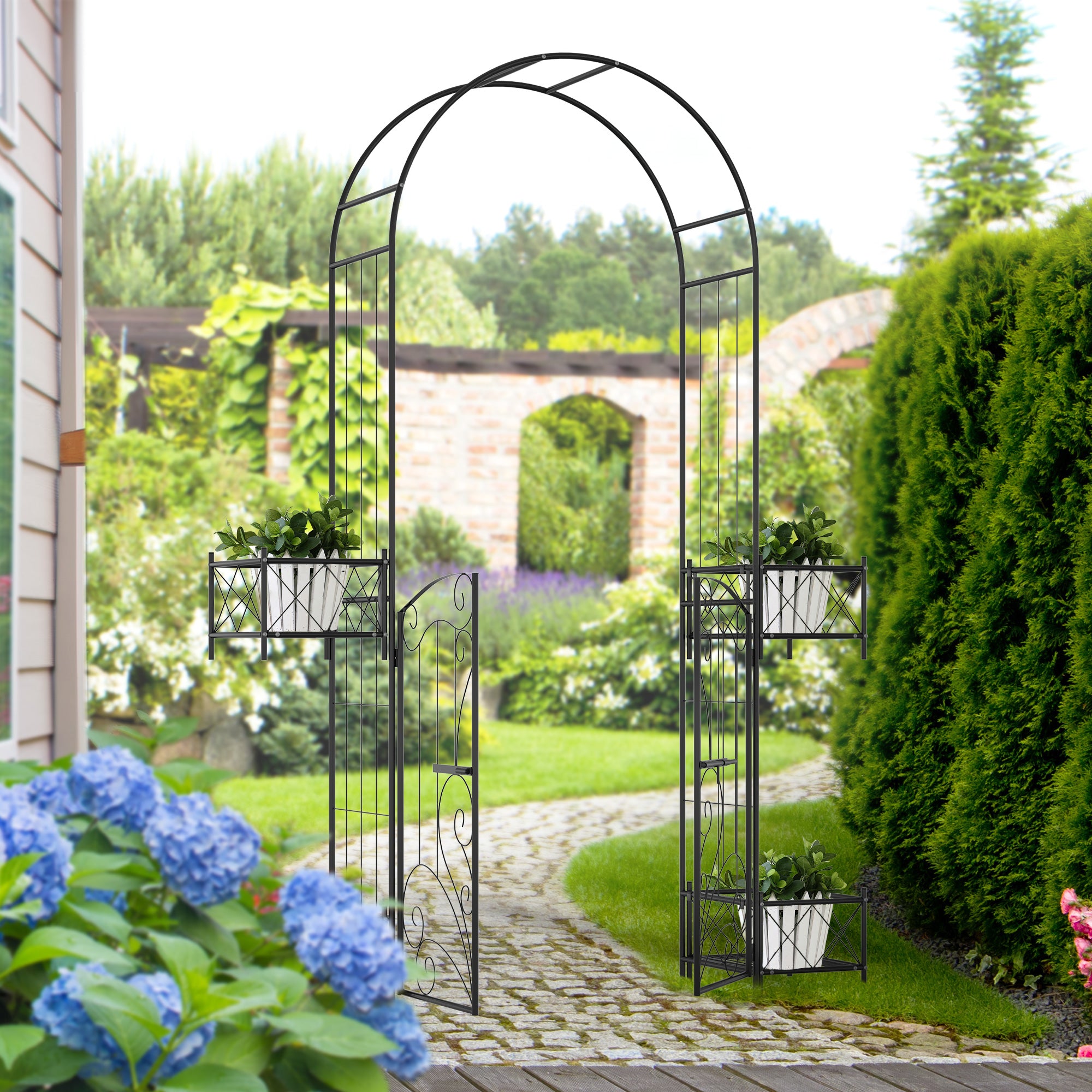 7.1FT Metal Garden Arch with Gate and 4 Planter Boxes, Garden Arbor Trellis for Climbing Plants, Outdoor Wedding, Decoration, Bridal Party, Black Garden Arches   at Gallery Canada