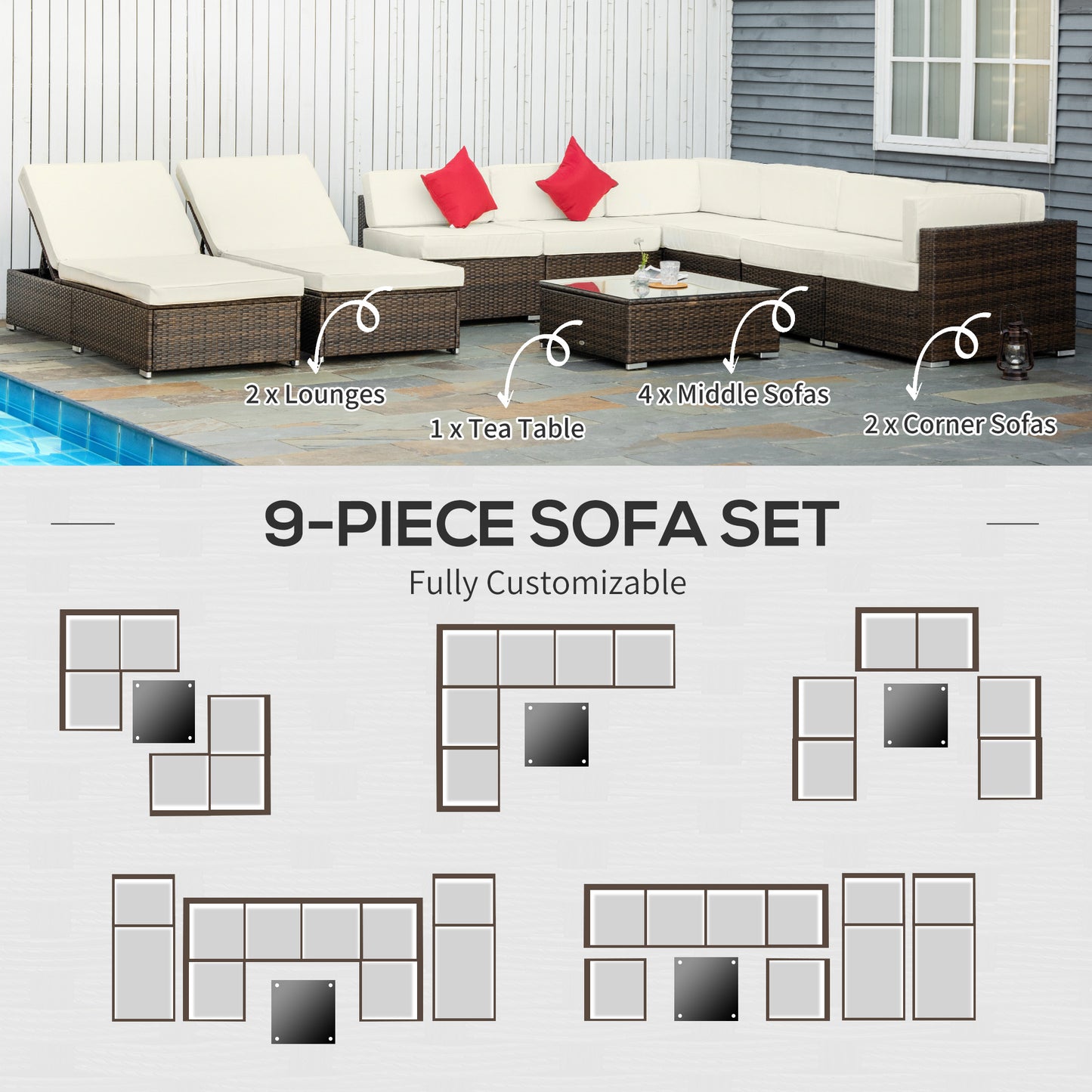 9-Piece Wicker Patio Furniture Set with Cushions, Loungers, Glass Table, Espresso/Cream White Patio Furniture Sets   at Gallery Canada